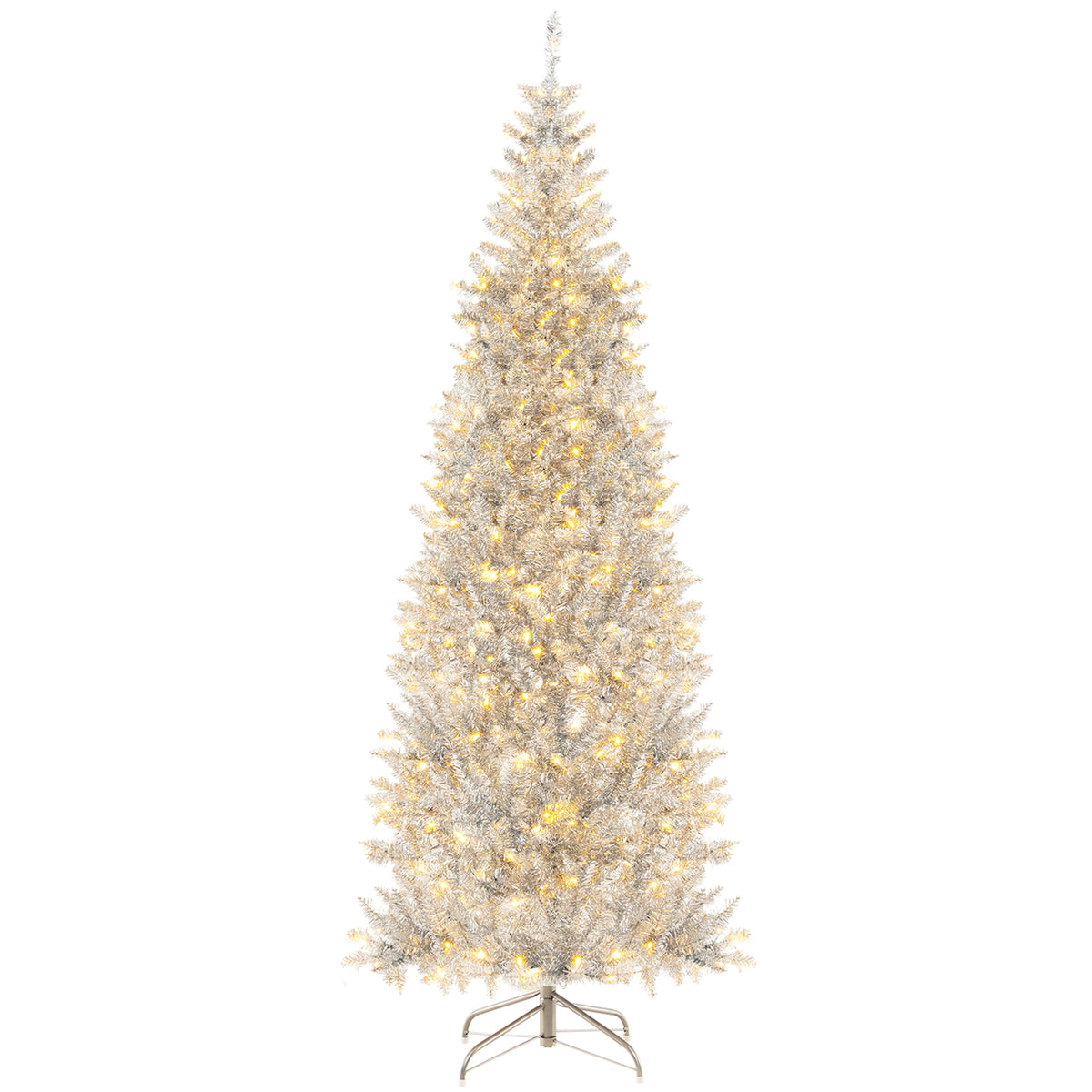 6/7 FT Pre-Lit Artificial Silver Tinsel Xmas Tree with 790 Branch Tips and 300 LED Lights-7 ft-Christmas Trees-DECOROLALA
