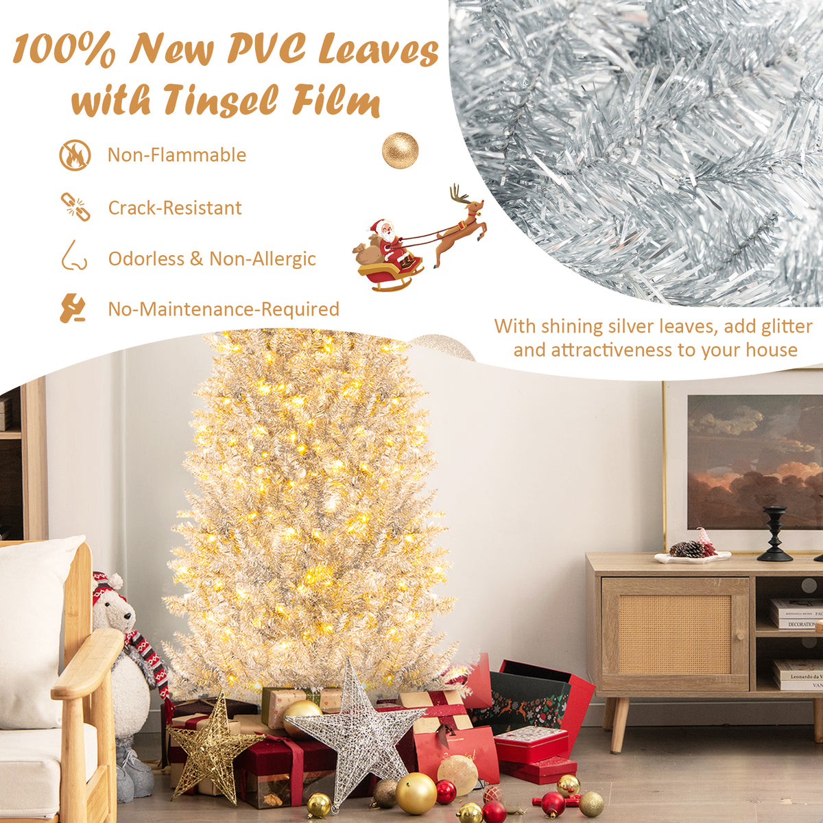 6/7 FT Pre-Lit Artificial Silver Tinsel Xmas Tree with 790 Branch Tips and 300 LED Lights-7 ft-Christmas Trees-DECOROLALA