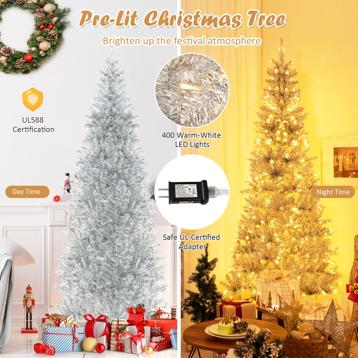 6/7 FT Pre-Lit Artificial Silver Tinsel Xmas Tree with 790 Branch Tips and 300 LED Lights-7 ft-Christmas Trees-DECOROLALA