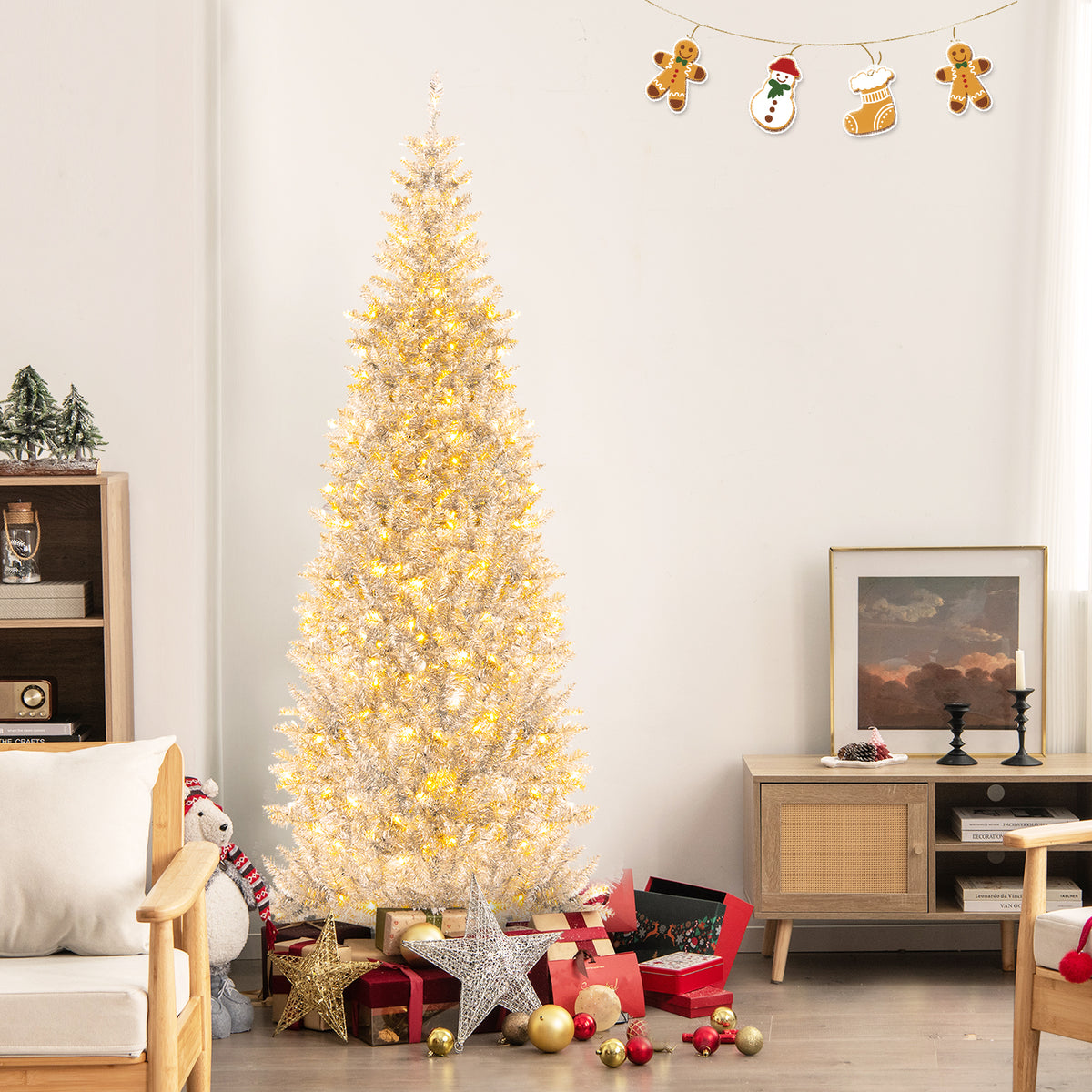 6/7 FT Pre-Lit Artificial Silver Tinsel Xmas Tree with 790 Branch Tips and 300 LED Lights-7 ft-Christmas Trees-DECOROLALA