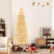 6/7 FT Pre-Lit Artificial Silver Tinsel Xmas Tree with 790 Branch Tips and 300 LED Lights-7 ft-Christmas Trees-DECOROLALA