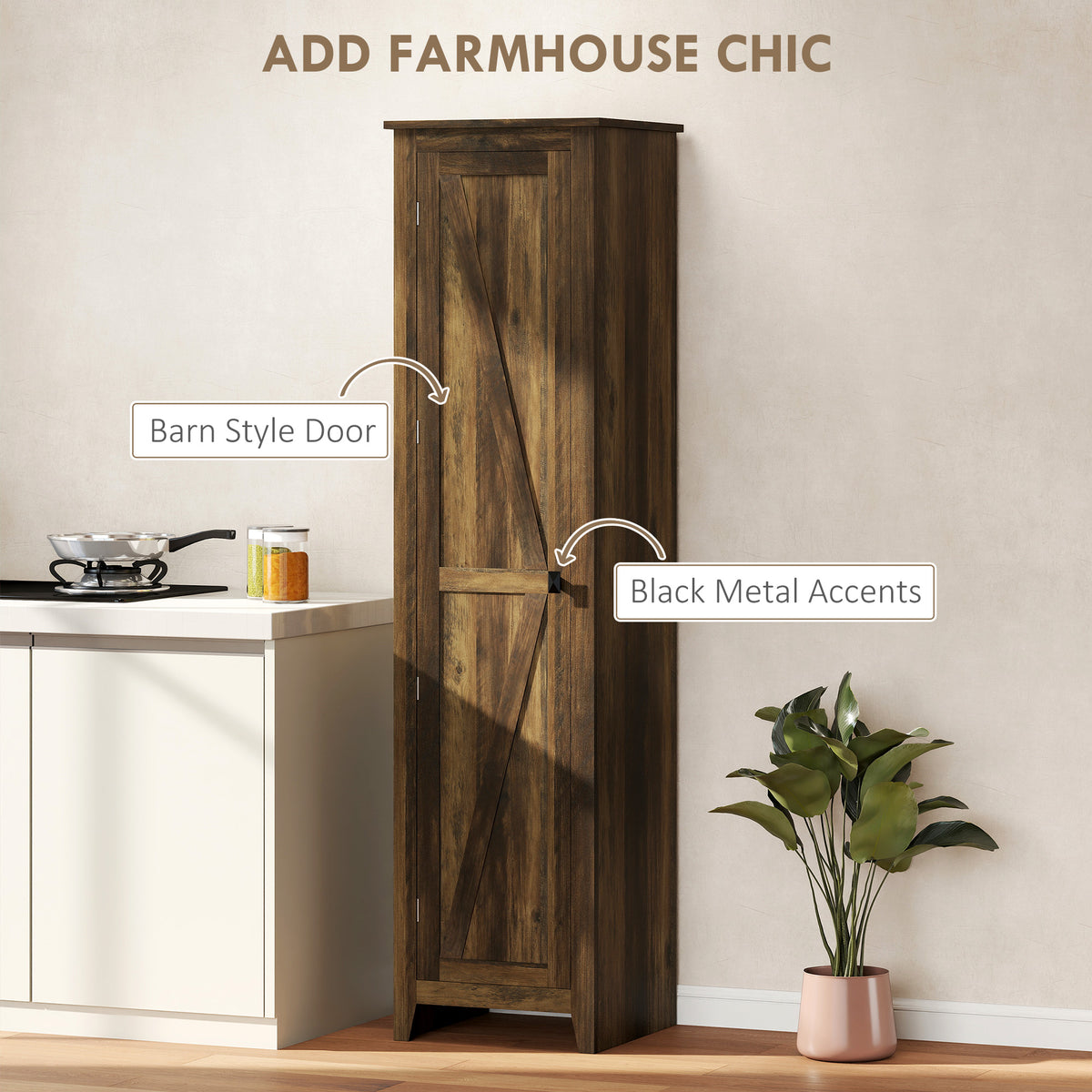 67" Farmhouse Kitchen Pantry Cabinet - Brown Barn Door-Home Furnishings > Storage & Organization > Kitchen Pantry Cabinets-DECOROLALA