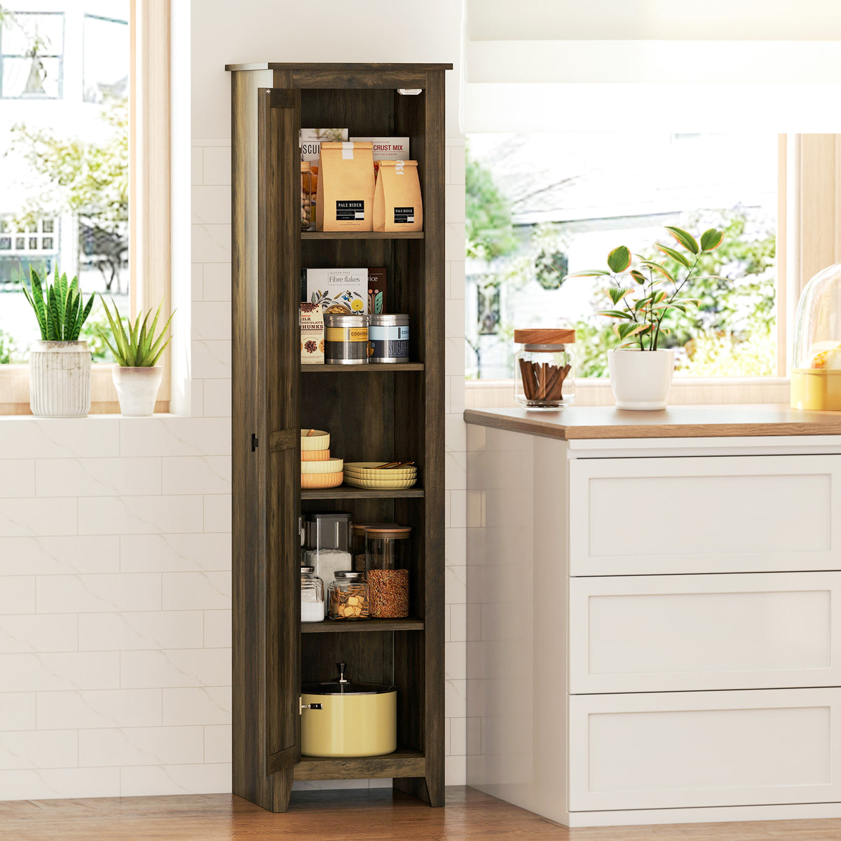 67" Farmhouse Kitchen Pantry Cabinet - Brown Barn Door-Home Furnishings > Storage & Organization > Kitchen Pantry Cabinets-DECOROLALA