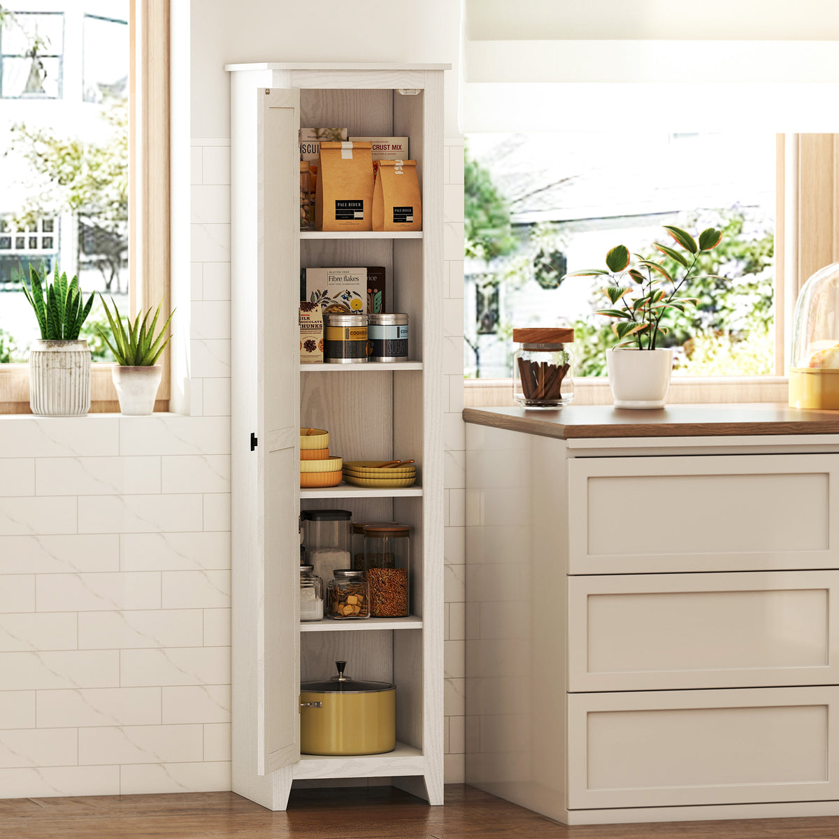 67" Farmhouse Kitchen Pantry Cabinet with Barn Door - White-Home Furnishings > Storage & Organization > Kitchen Pantry Cabinets-DECOROLALA