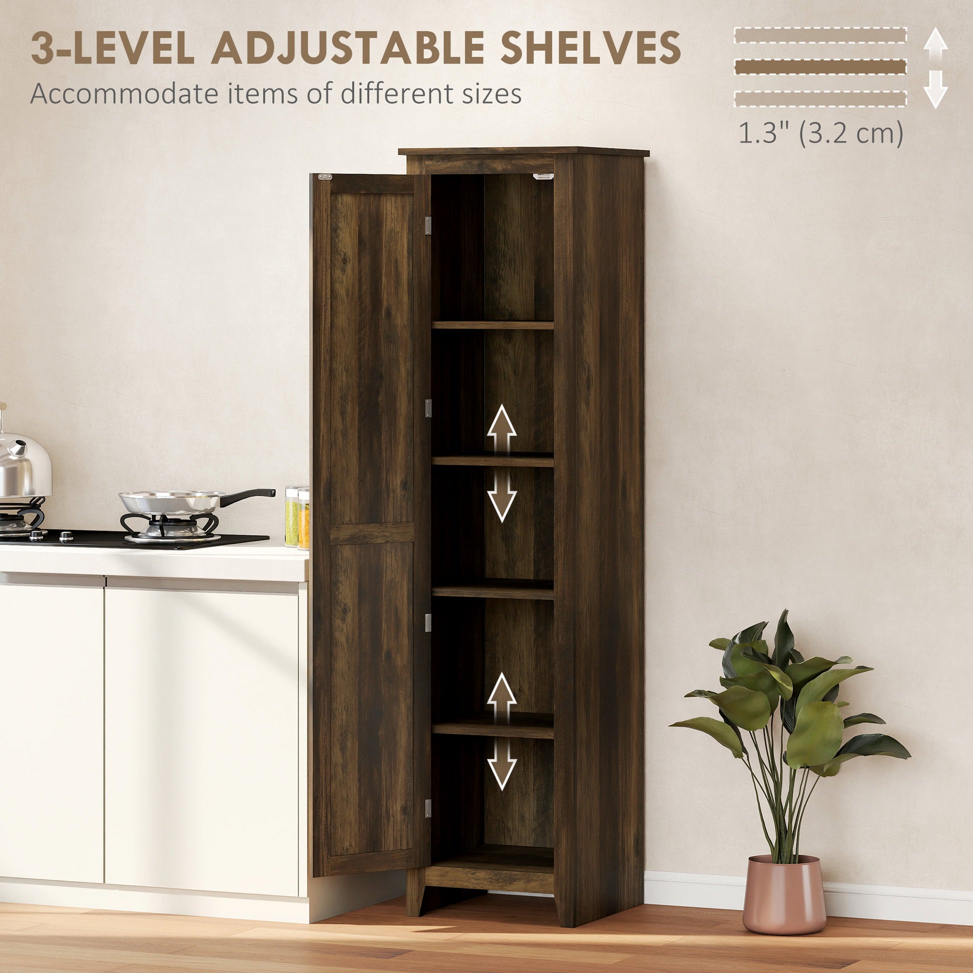 67" Farmhouse Kitchen Pantry Storage Cabinet with Barn Door, Kitchen Pantry Cabinet with Adjustable Shelves, Brown-Home Furnishings > Storage & Organization > Kitchen Pantry Cabinets-DECOROLALA