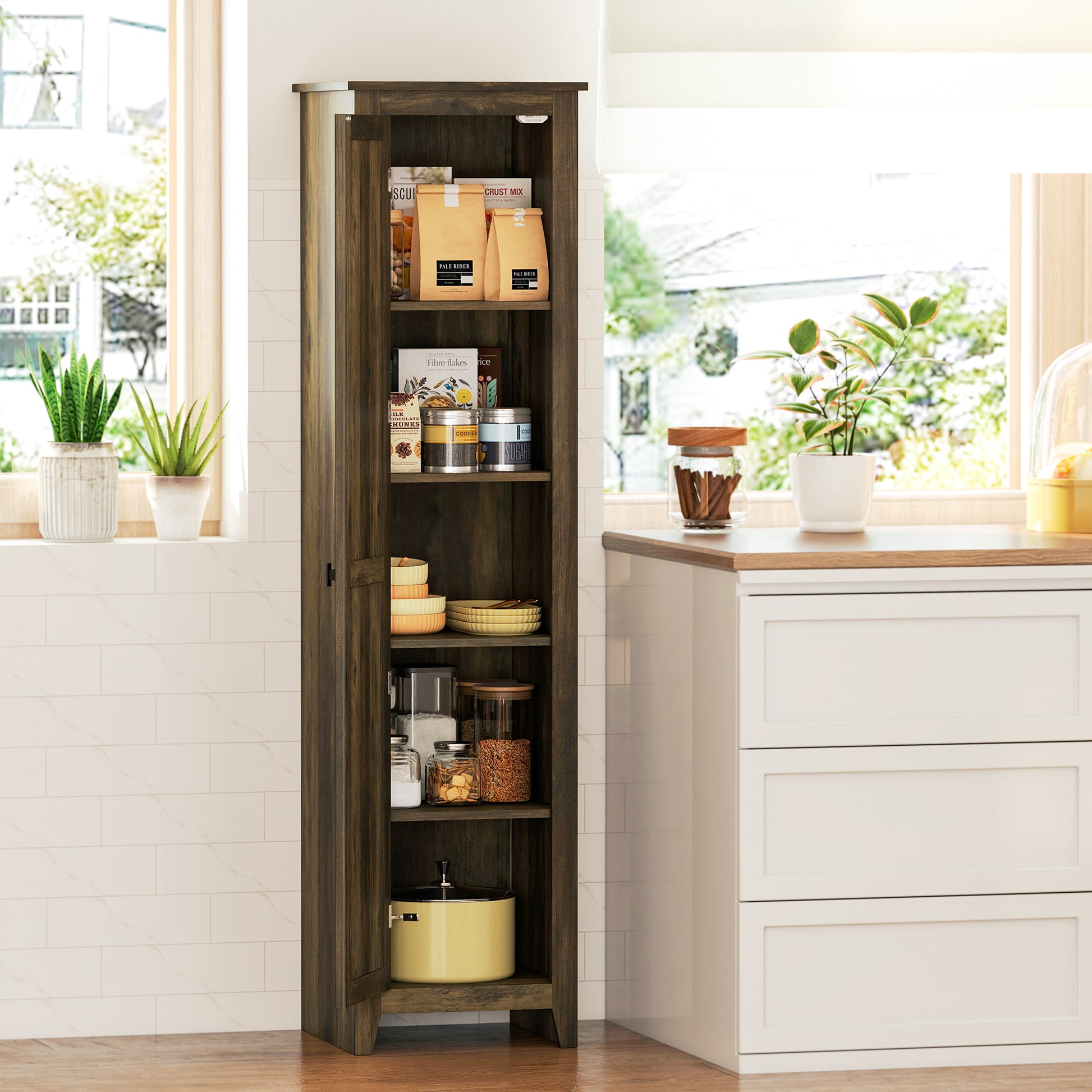 67" Farmhouse Kitchen Pantry Storage Cabinet with Barn Door, Kitchen Pantry Cabinet with Adjustable Shelves, Brown-Home Furnishings > Storage & Organization > Kitchen Pantry Cabinets-DECOROLALA