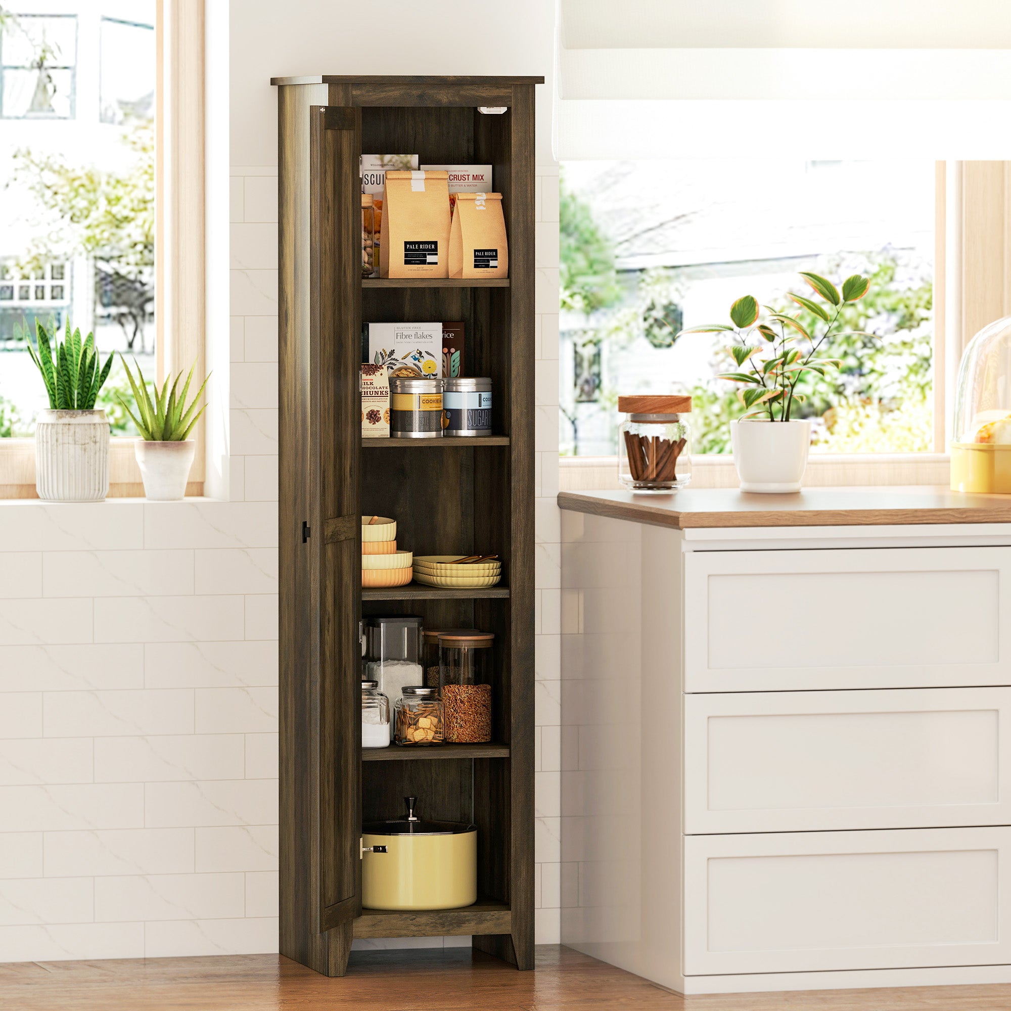 67" Farmhouse Kitchen Pantry Storage Cabinet with Barn Door, Kitchen Pantry Cabinet with Adjustable Shelves, Brown-Home Furnishings > Storage & Organization > Kitchen Pantry Cabinets-DECOROLALA