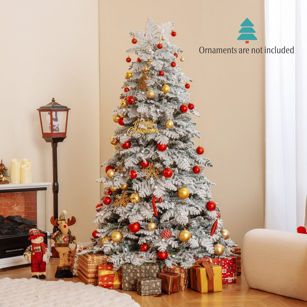 6/7 Feet Artificial Snow-flocked Christmas Tree Pre-lit Hinged Xmas Tree with 130 Twinkle Balls-6 Feet-Christmas Trees-DECOROLALA