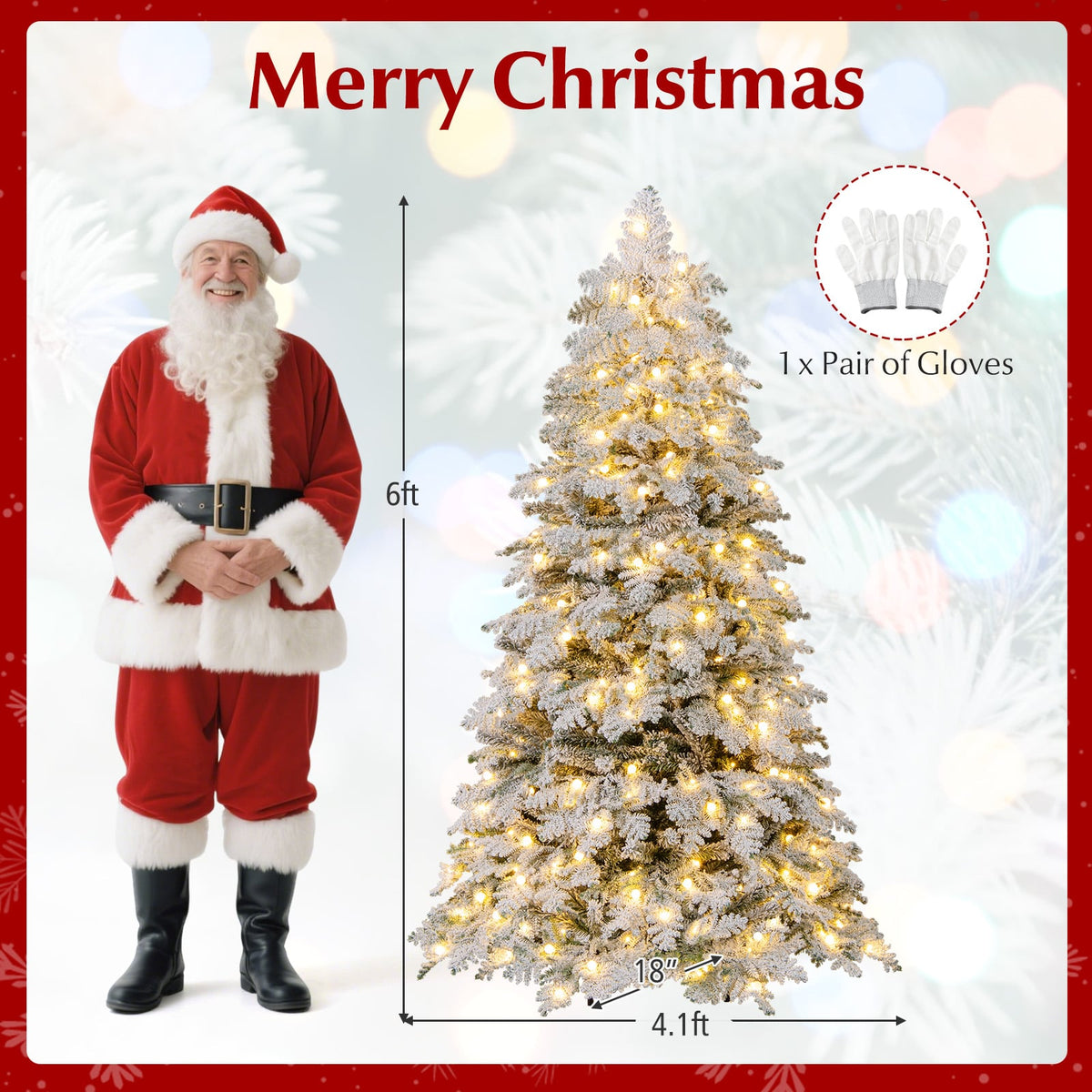 6/7 Feet Artificial Snow-flocked Christmas Tree Pre-lit Hinged Xmas Tree with 130 Twinkle Balls-6 Feet-Christmas Trees-DECOROLALA