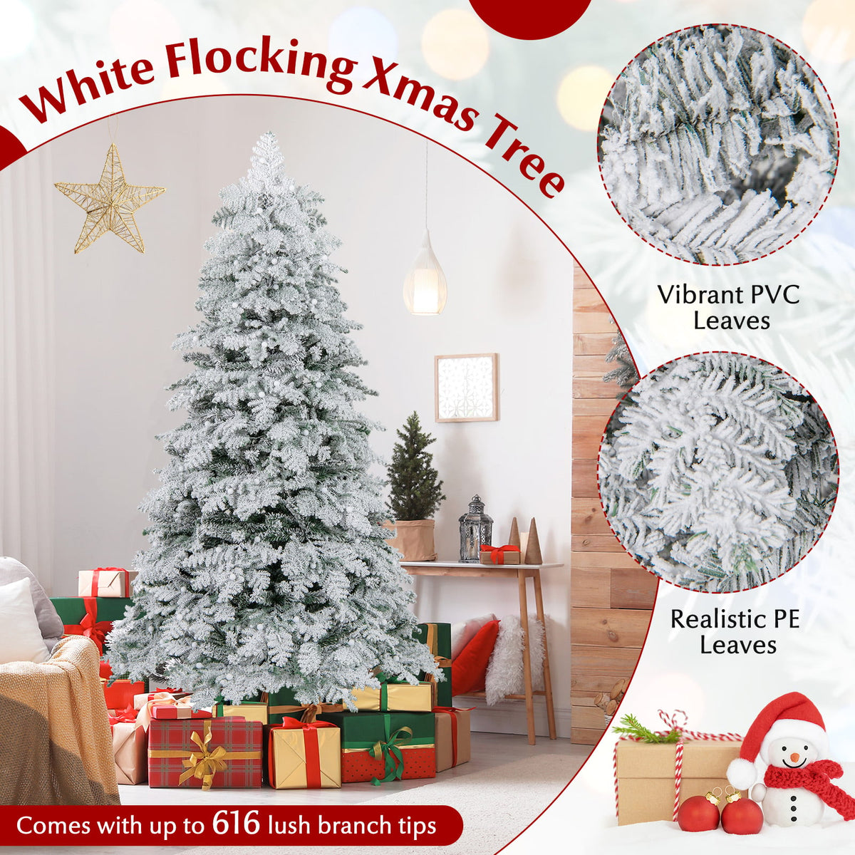 6/7 Feet Artificial Snow-flocked Christmas Tree Pre-lit Hinged Xmas Tree with 130 Twinkle Balls-6 Feet-Christmas Trees-DECOROLALA