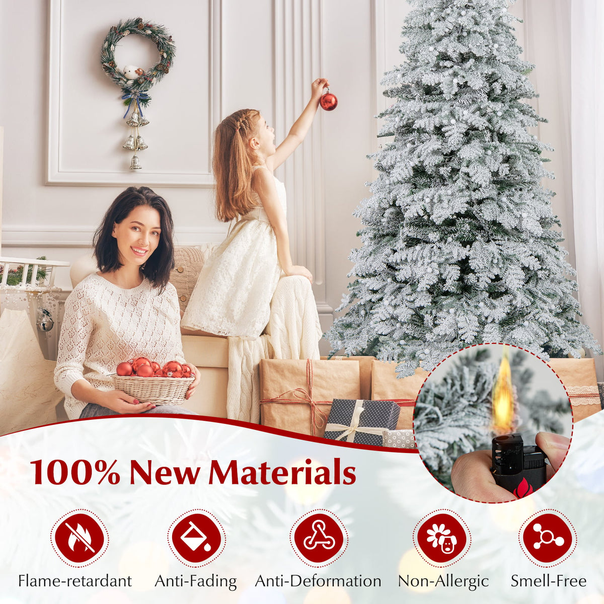 6/7 Feet Artificial Snow-flocked Christmas Tree Pre-lit Hinged Xmas Tree with 130 Twinkle Balls-6 Feet-Christmas Trees-DECOROLALA