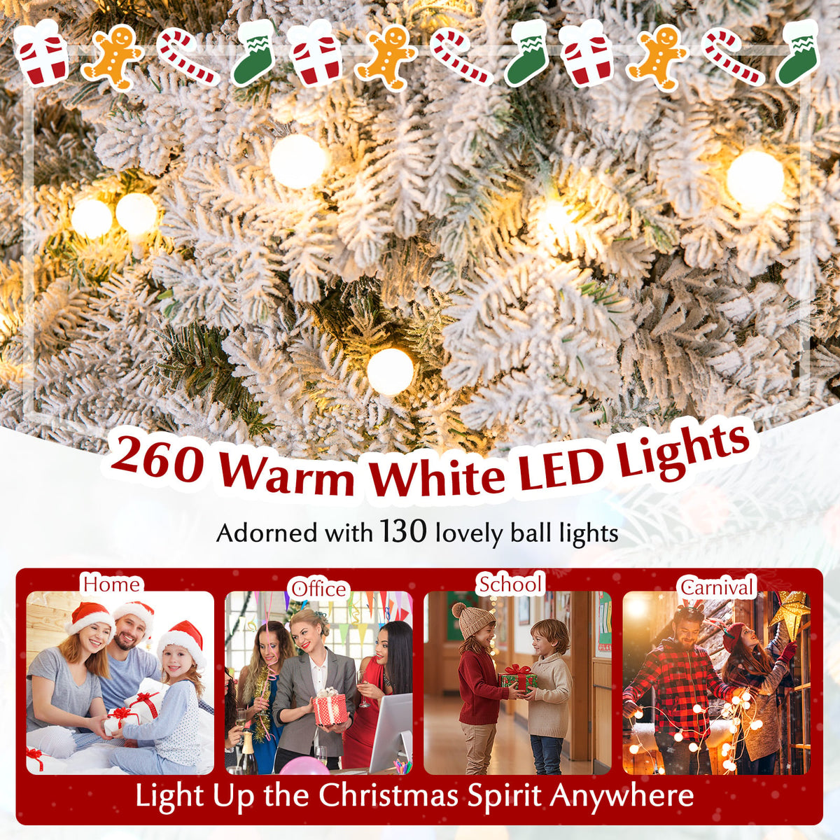 6/7 Feet Artificial Snow-flocked Christmas Tree Pre-lit Hinged Xmas Tree with 130 Twinkle Balls-6 Feet-Christmas Trees-DECOROLALA
