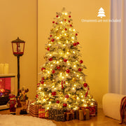 6/7 Feet Artificial Snow-flocked Christmas Tree Pre-lit Hinged Xmas Tree with 130 Twinkle Balls-6 Feet-Christmas Trees-DECOROLALA