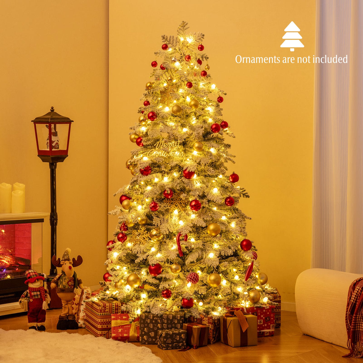 6/7 Feet Artificial Snow-flocked Christmas Tree Pre-lit Hinged Xmas Tree with 130 Twinkle Balls-6 Feet-Christmas Trees-DECOROLALA