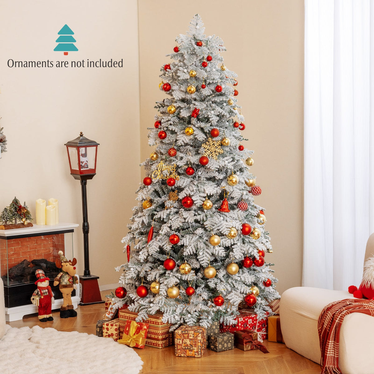 6/7 Feet Artificial Snow-flocked Christmas Tree Pre-lit Hinged Xmas Tree with 130 Twinkle Balls-7 Feet-Christmas Trees-DECOROLALA