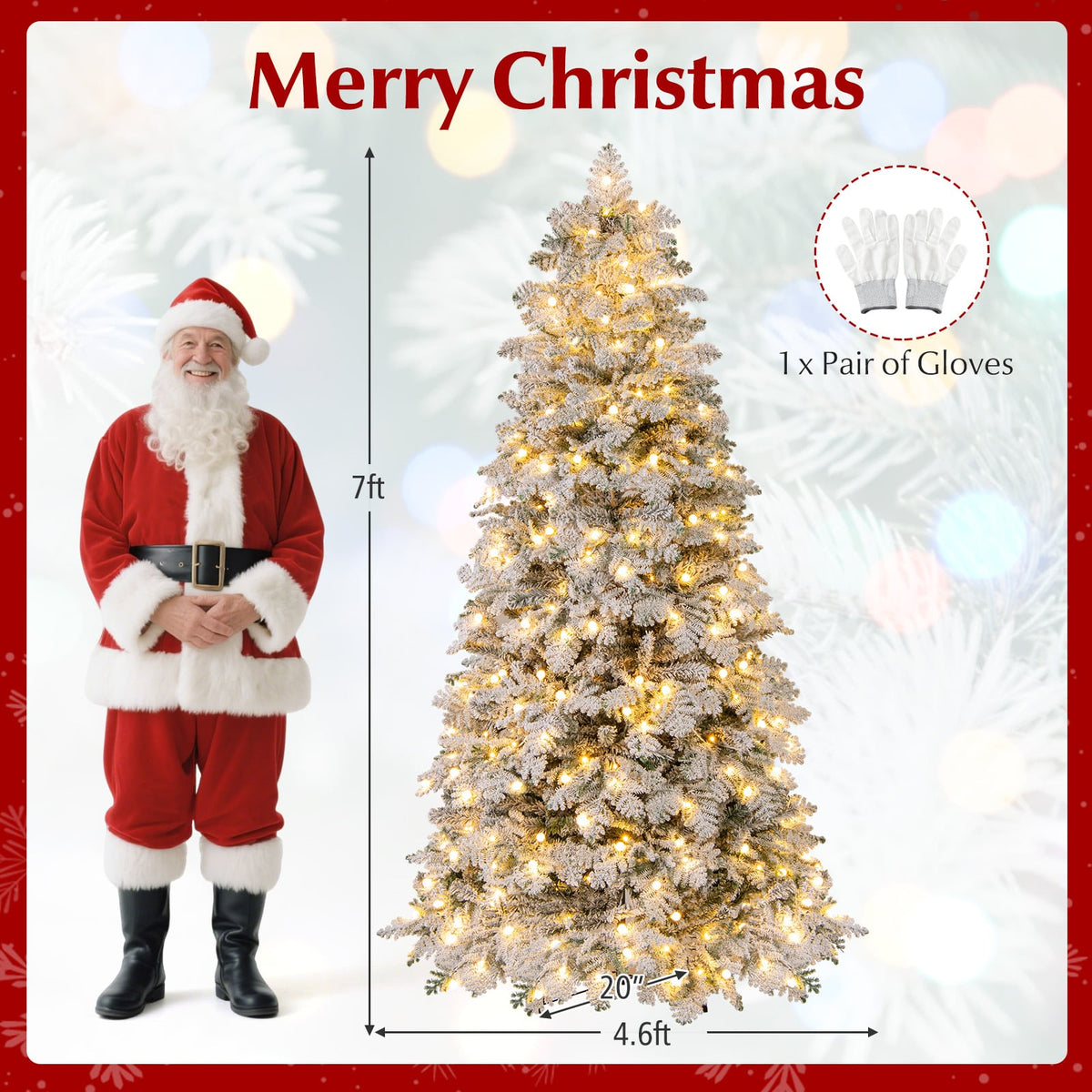 6/7 Feet Artificial Snow-flocked Christmas Tree Pre-lit Hinged Xmas Tree with 130 Twinkle Balls-7 Feet-Christmas Trees-DECOROLALA