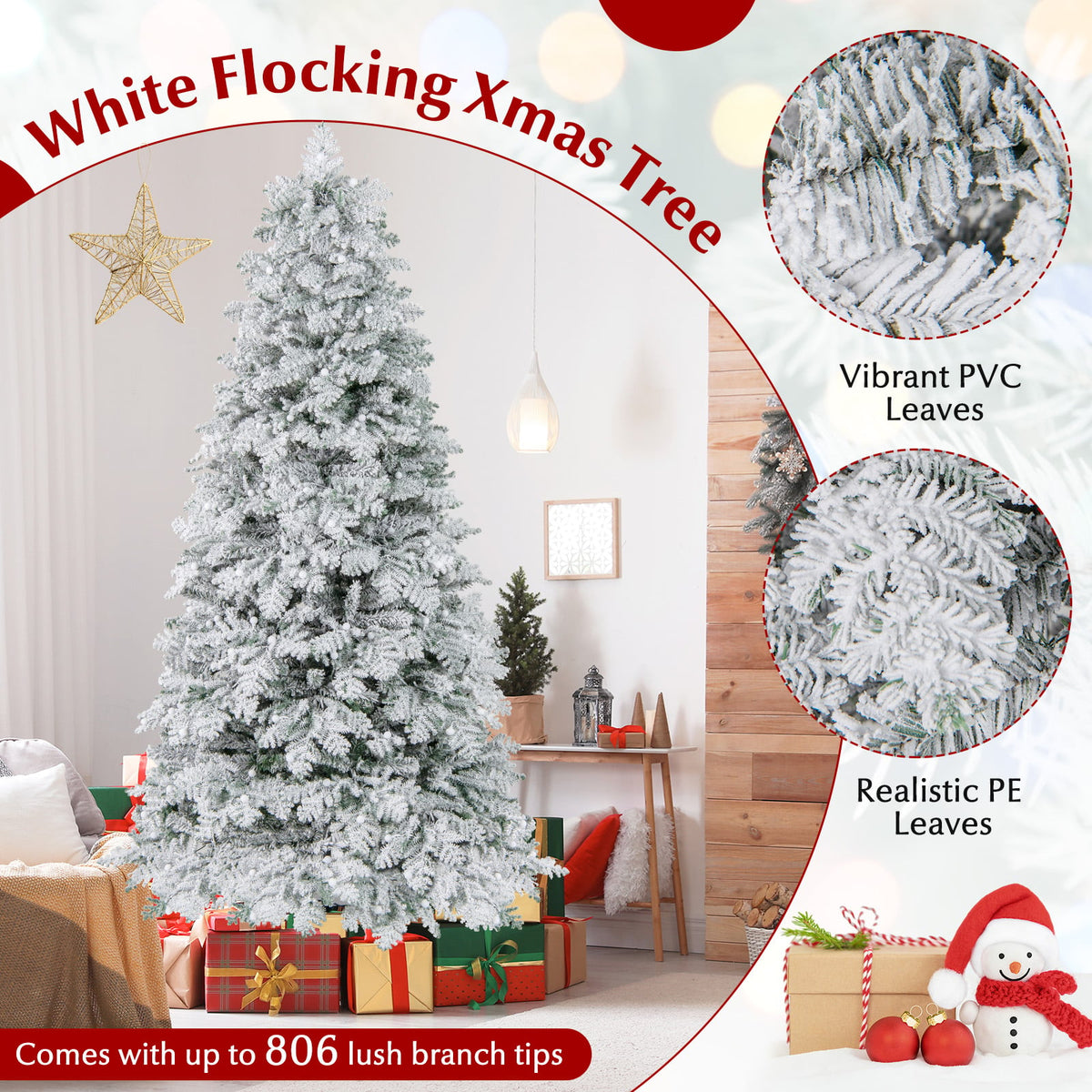 6/7 Feet Artificial Snow-flocked Christmas Tree Pre-lit Hinged Xmas Tree with 130 Twinkle Balls-7 Feet-Christmas Trees-DECOROLALA