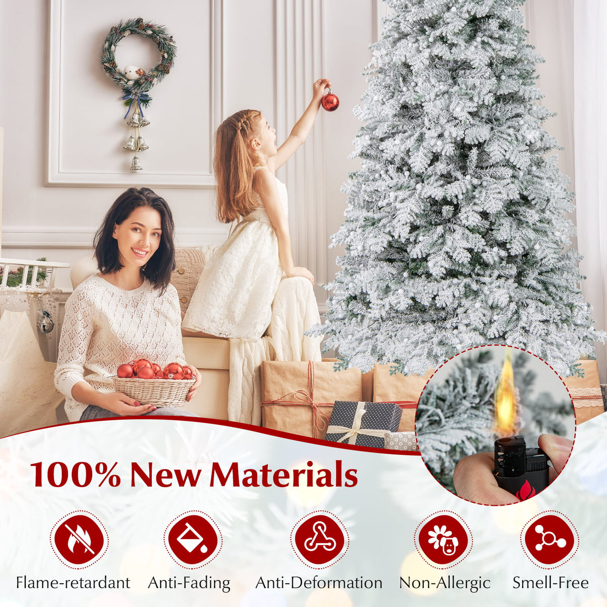 6/7 Feet Artificial Snow-flocked Christmas Tree Pre-lit Hinged Xmas Tree with 130 Twinkle Balls-7 Feet-Christmas Trees-DECOROLALA