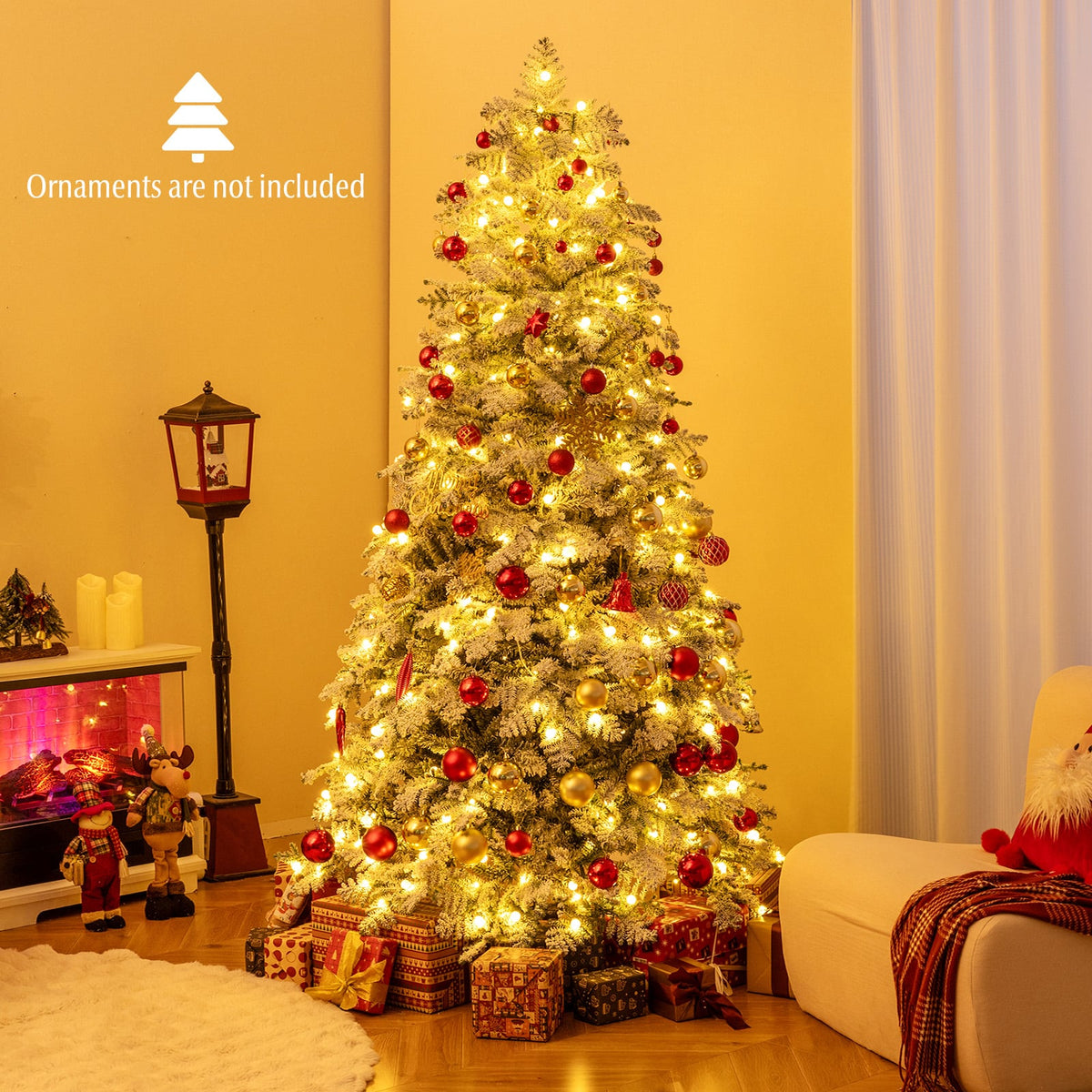 6/7 Feet Artificial Snow-flocked Christmas Tree Pre-lit Hinged Xmas Tree with 130 Twinkle Balls-7 Feet-Christmas Trees-DECOROLALA