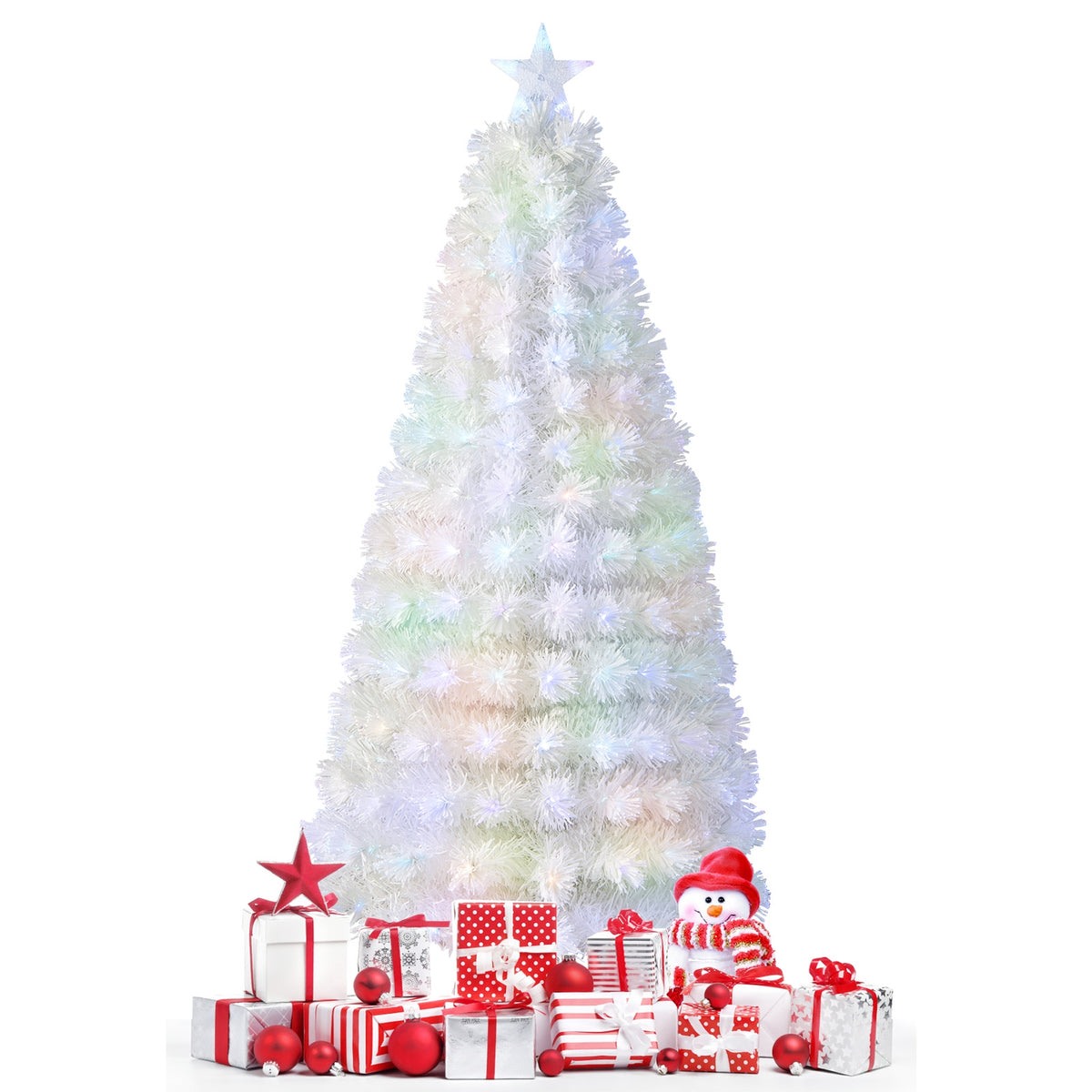 6/7 Feet Pre-Lit Fiber Optic White Snow-Flocked Artificial Christmas Tree-6 ft-Christmas Trees-DECOROLALA