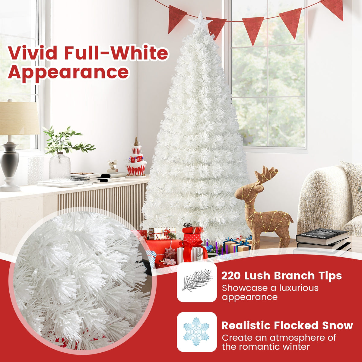 6/7 Feet Pre-Lit Fiber Optic White Snow-Flocked Artificial Christmas Tree-6 ft-Christmas Trees-DECOROLALA
