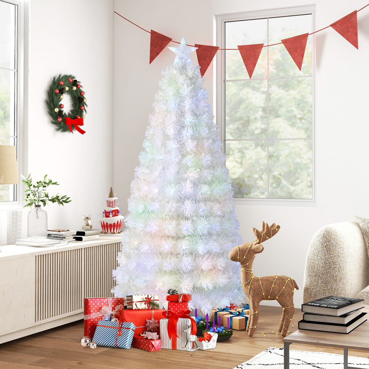 6/7 Feet Pre-Lit Fiber Optic White Snow-Flocked Artificial Christmas Tree-6 ft-Christmas Trees-DECOROLALA