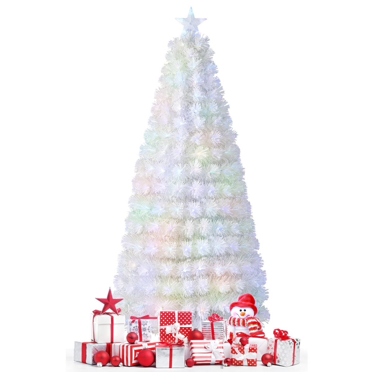 6/7 Feet Pre-Lit Fiber Optic White Snow-Flocked Artificial Christmas Tree-7 ft-Christmas Trees-DECOROLALA