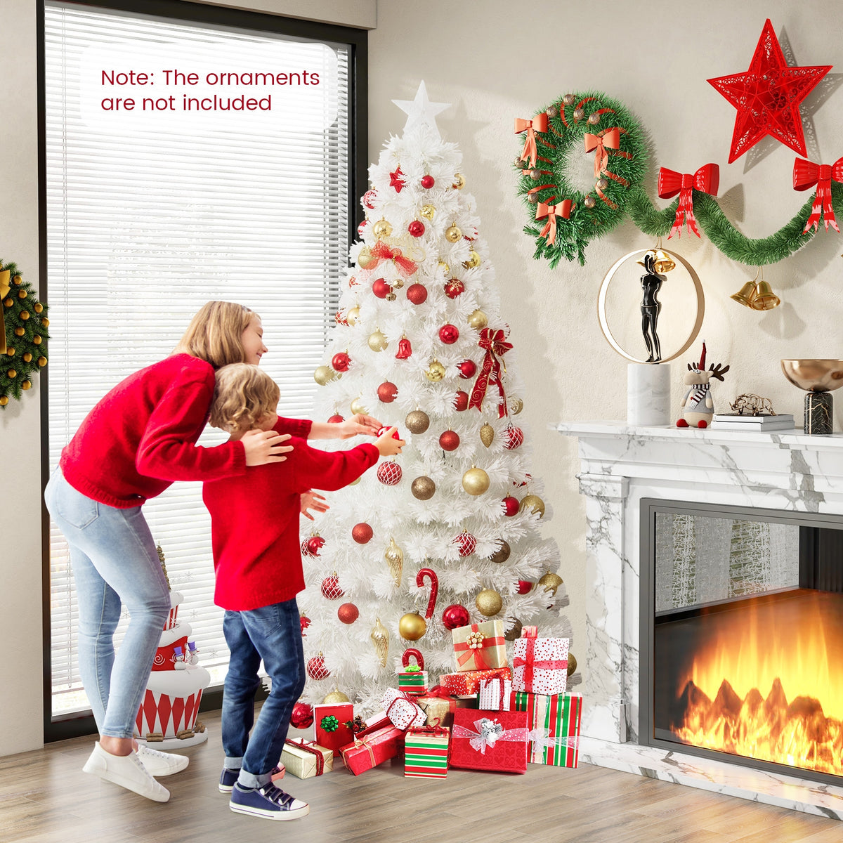 6/7 Feet Pre-Lit Fiber Optic White Snow-Flocked Artificial Christmas Tree-7 ft-Christmas Trees-DECOROLALA