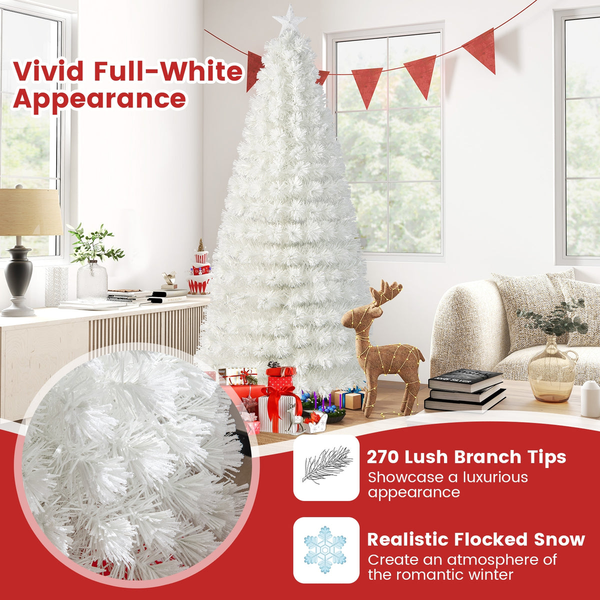 6/7 Feet Pre-Lit Fiber Optic White Snow-Flocked Artificial Christmas Tree-7 ft-Christmas Trees-DECOROLALA