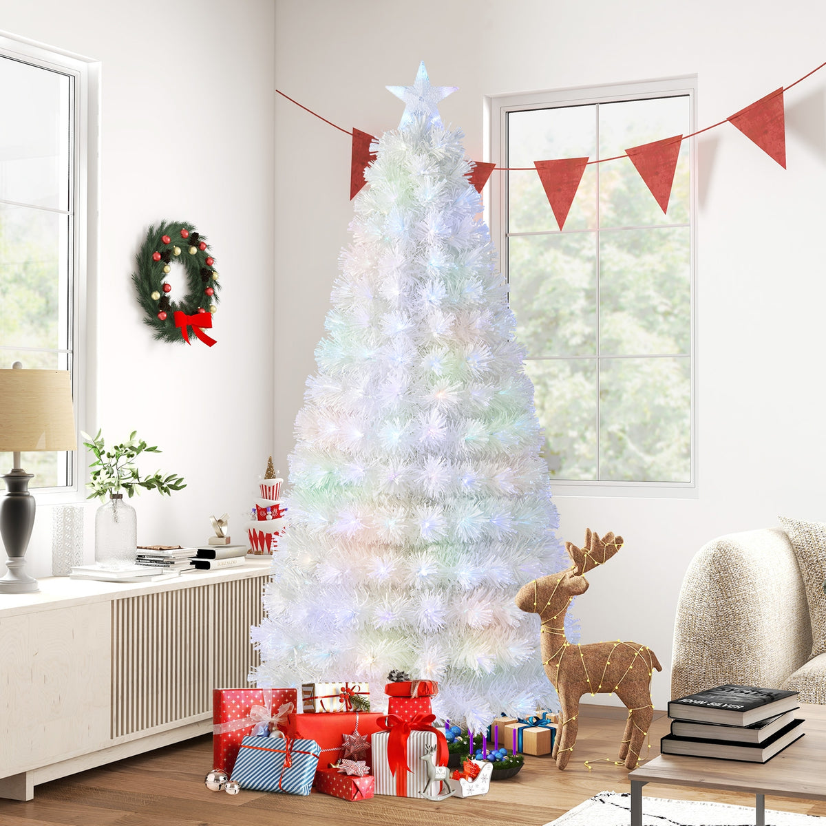 6/7 Feet Pre-Lit Fiber Optic White Snow-Flocked Artificial Christmas Tree-7 ft-Christmas Trees-DECOROLALA