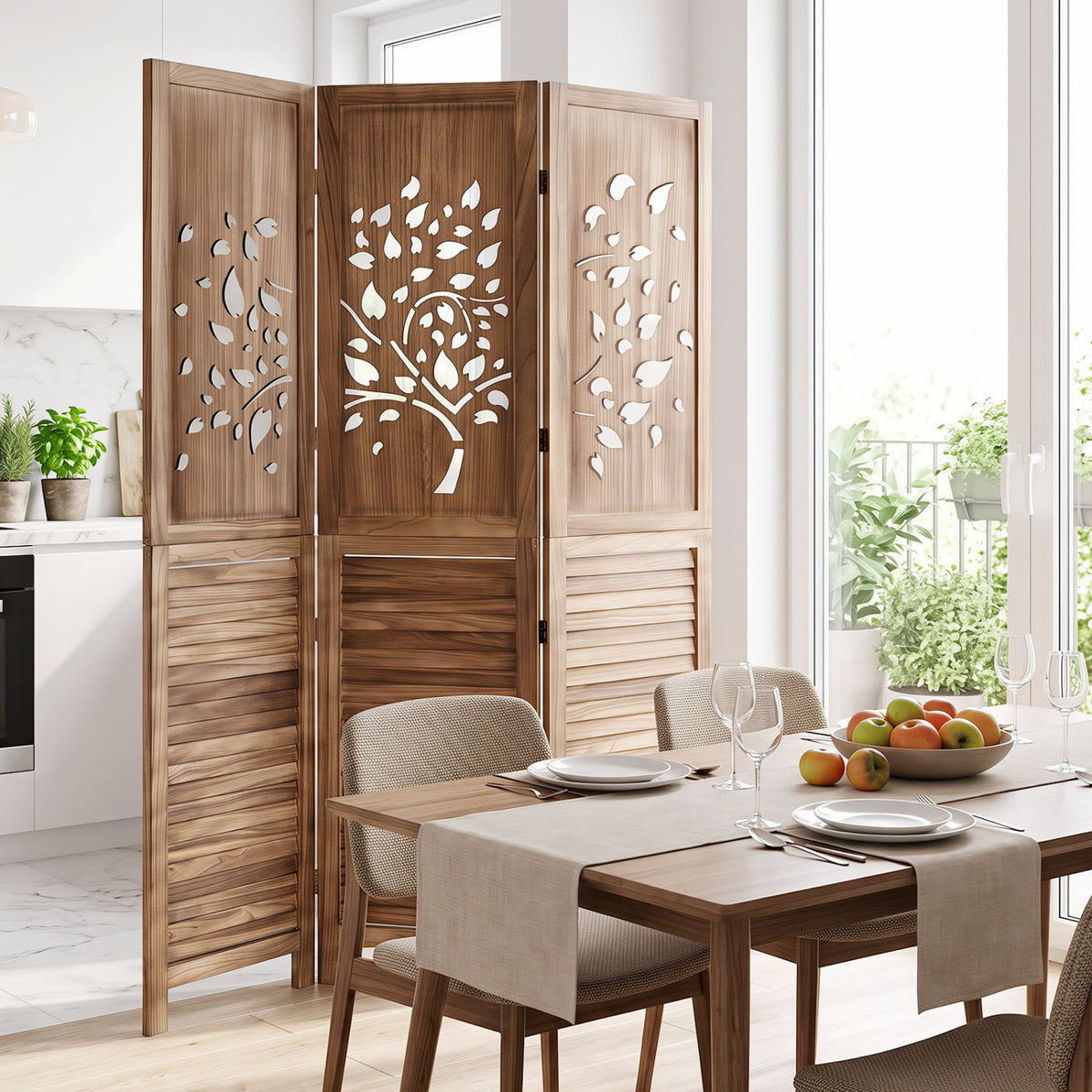 67" Folding Room Divider 3 Panels with Tree Cutout & Louver Design for Room-Rustic Brown-Room Dividers-DECOROLALA