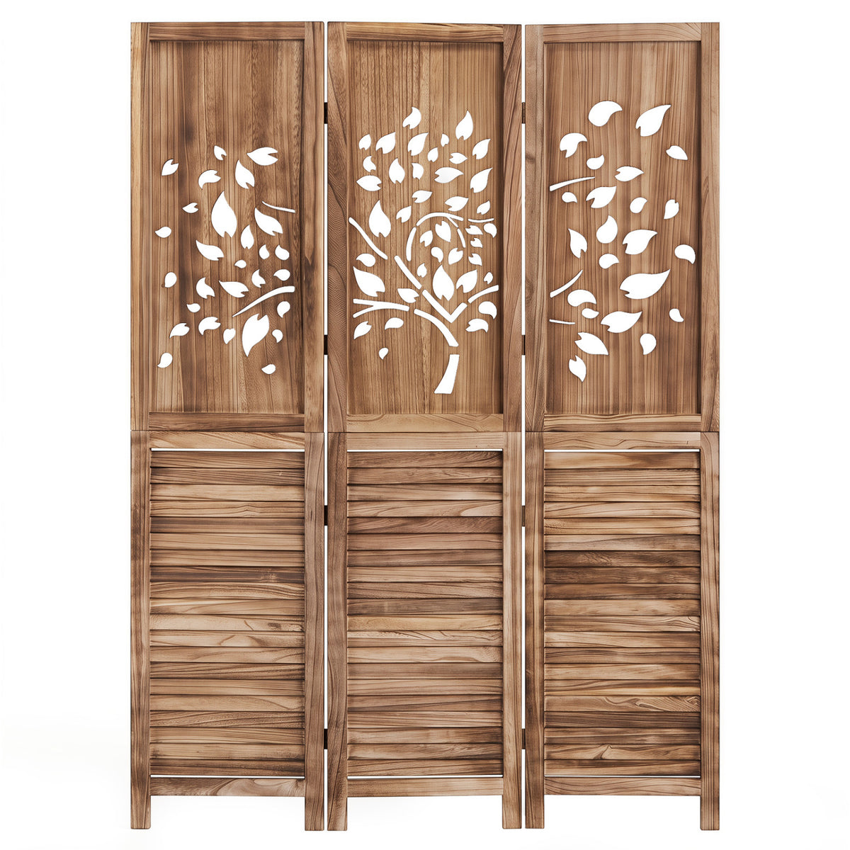 67" Folding Room Divider 3 Panels with Tree Cutout & Louver Design for Room-Rustic Brown-Room Dividers-DECOROLALA
