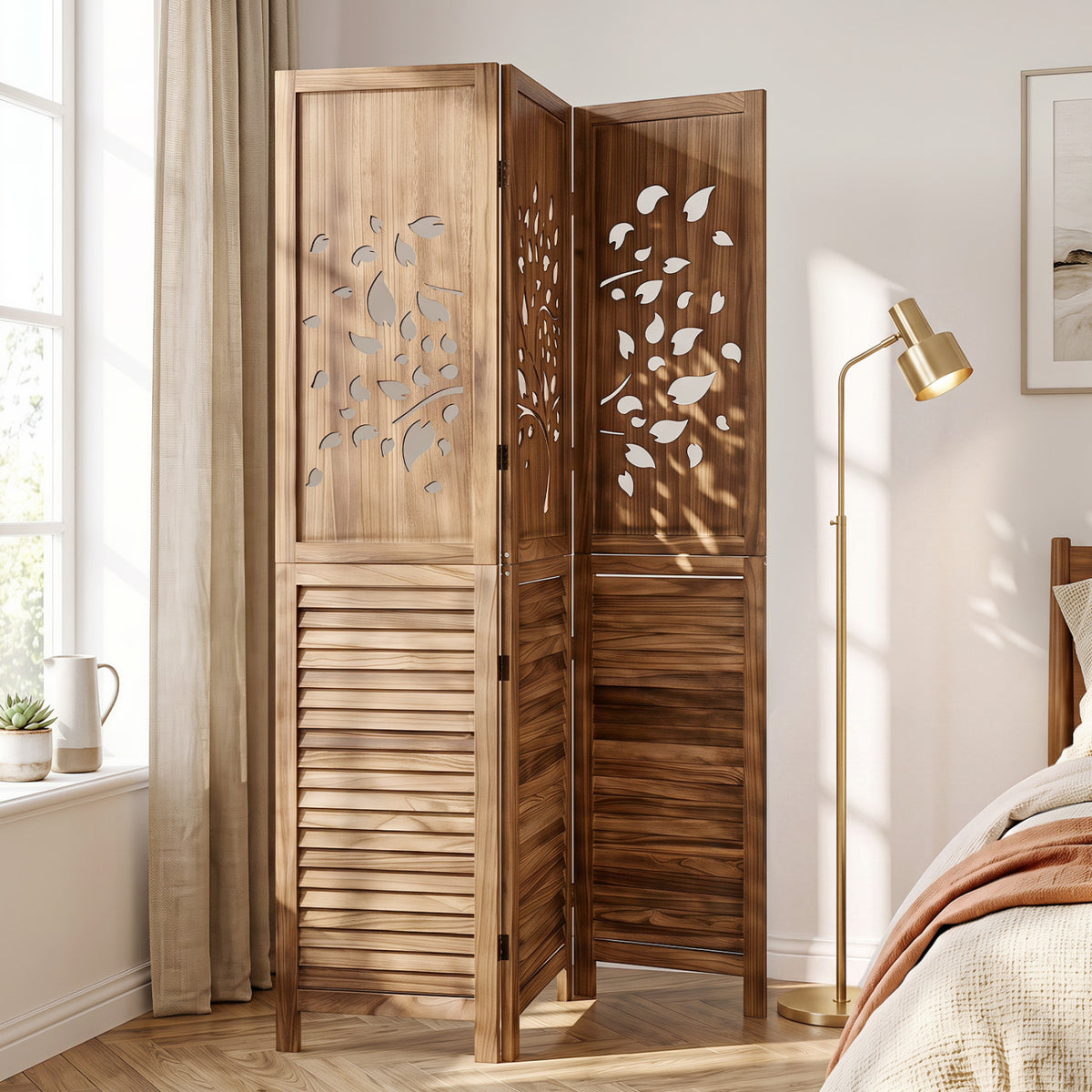 67" Folding Room Divider 3 Panels with Tree Cutout & Louver Design for Room-Rustic Brown-Room Dividers-DECOROLALA