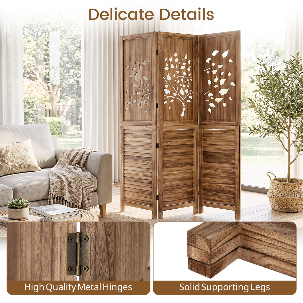 67" Folding Room Divider 3 Panels with Tree Cutout & Louver Design for Room-Rustic Brown-Room Dividers-DECOROLALA