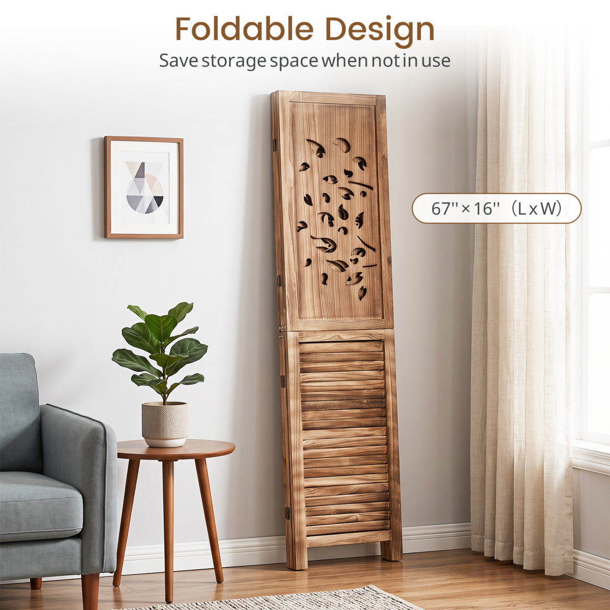 67" Folding Room Divider 3 Panels with Tree Cutout & Louver Design for Room-Rustic Brown-Room Dividers-DECOROLALA