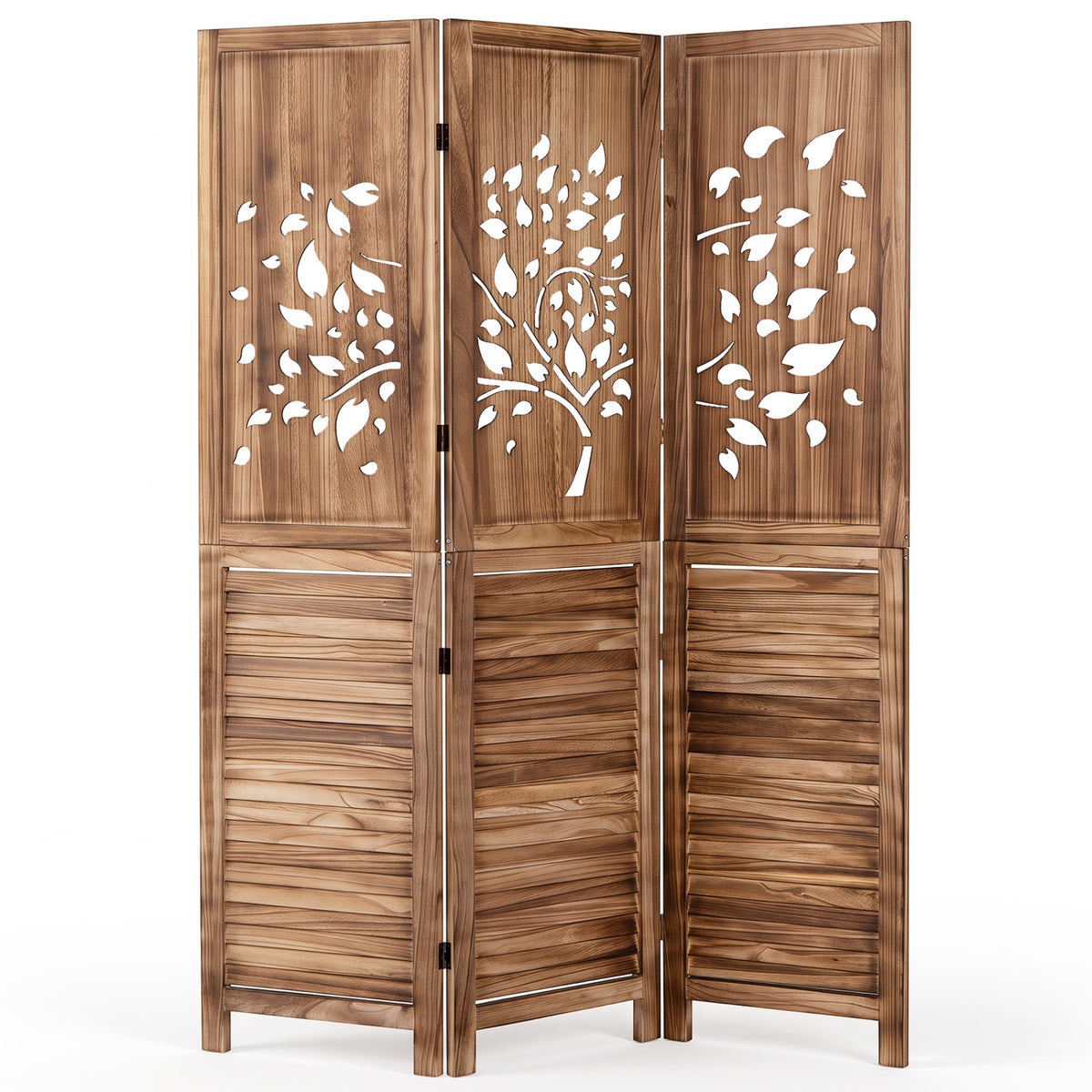67" Folding Room Divider 3 Panels with Tree Cutout & Louver Design for Room-Rustic Brown-Room Dividers-DECOROLALA