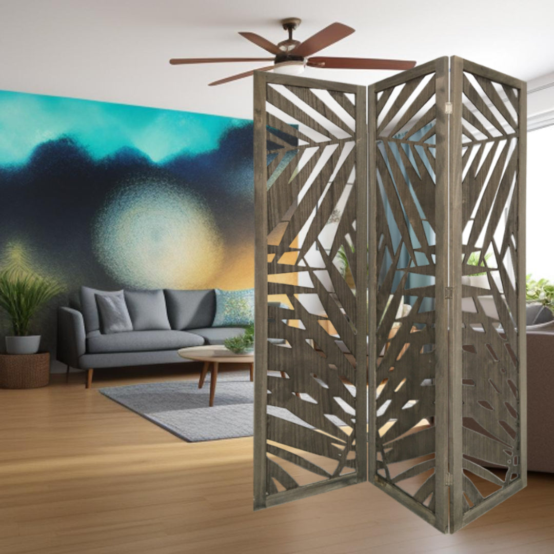 67" Gray Solid WoodFolding Three Panel Screen Room Divider-Room Dividers-DECOROLALA