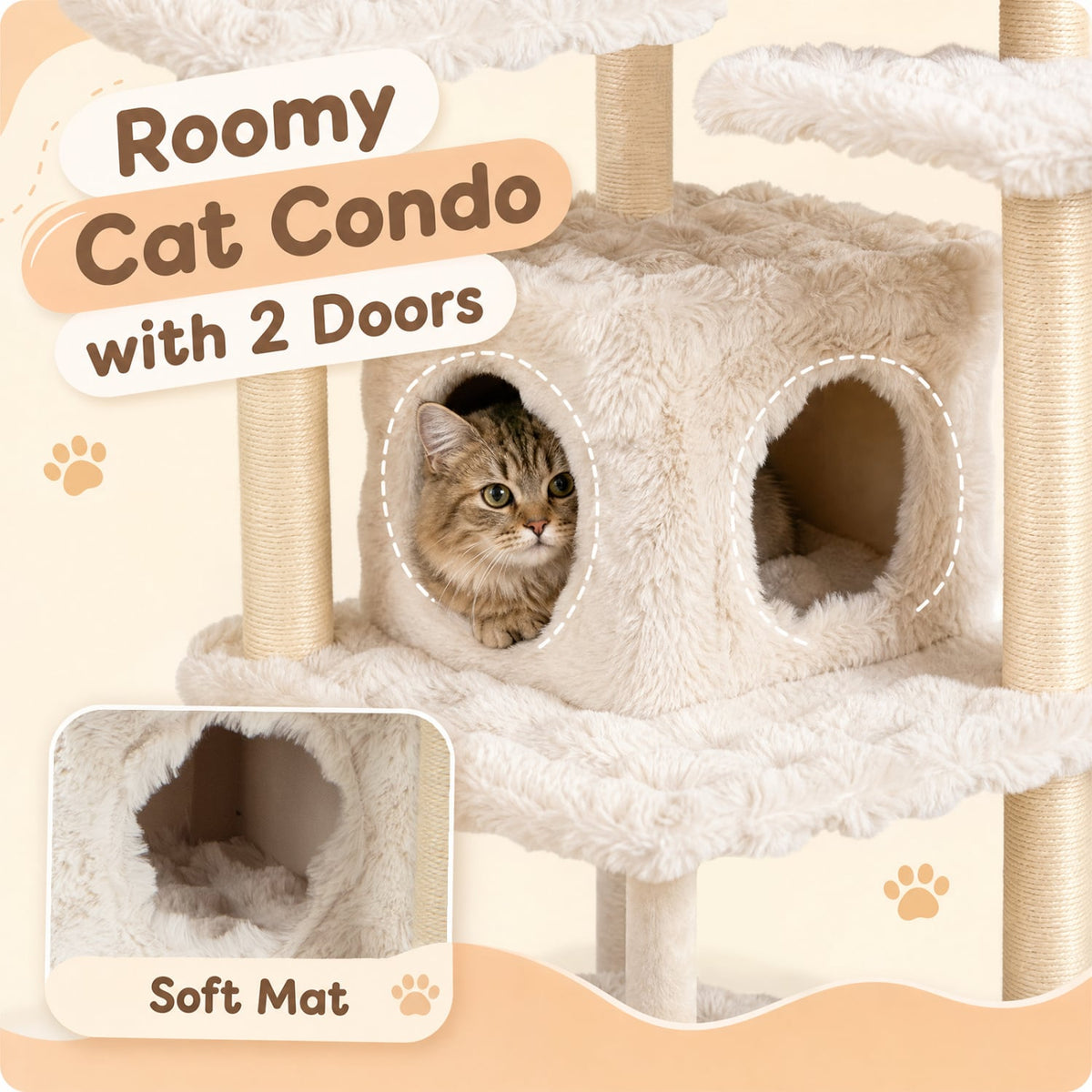 67 Inch Multi-level Cat Tree with Large Cat Condo and Padded Perch-Beige-Cat Trees & Scratchers-DECOROLALA