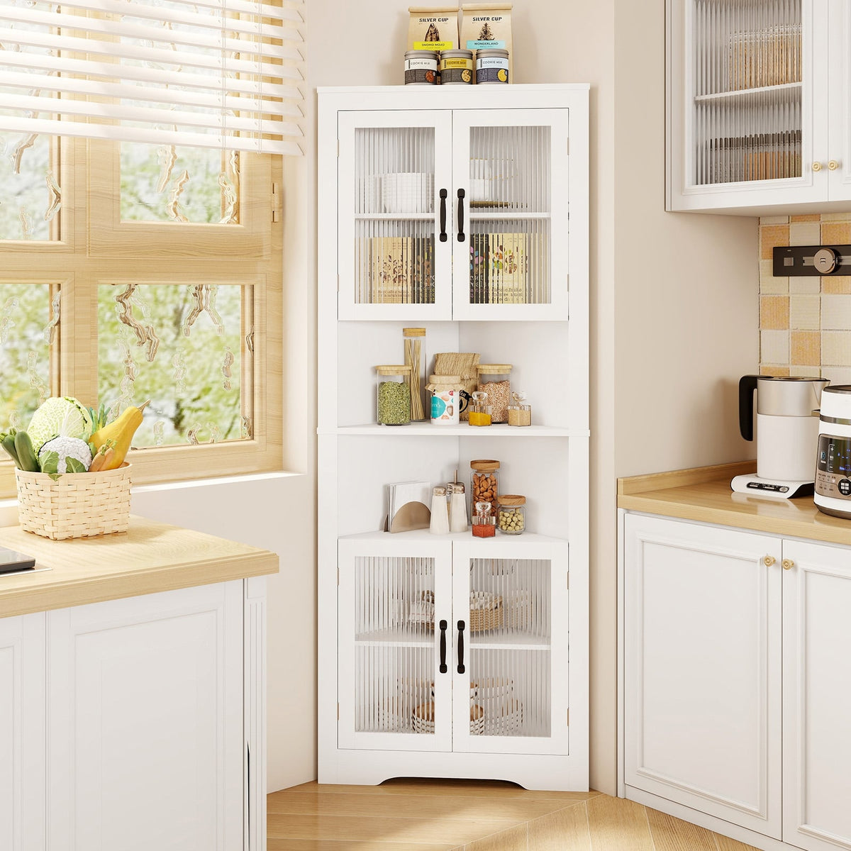 67 Inch Tall Corner Cabinet Triangular Buffet Cabinet with Tempered Glass Doors-White-Sideboards & Buffets-DECOROLALA
