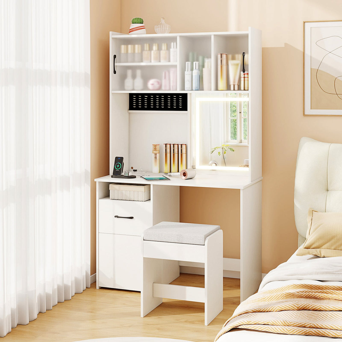 67 Inches Tall Vanity Set with Mirror Makeup Dressing Table with Charging Station-White-Makeup Vanities-DECOROLALA