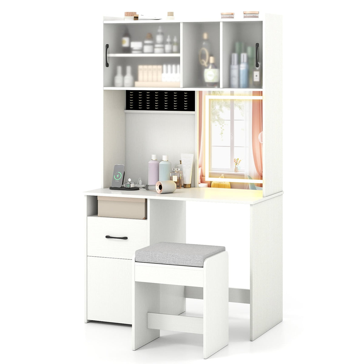 67 Inches Tall Vanity Set with Mirror Makeup Dressing Table with Charging Station-White-Makeup Vanities-DECOROLALA