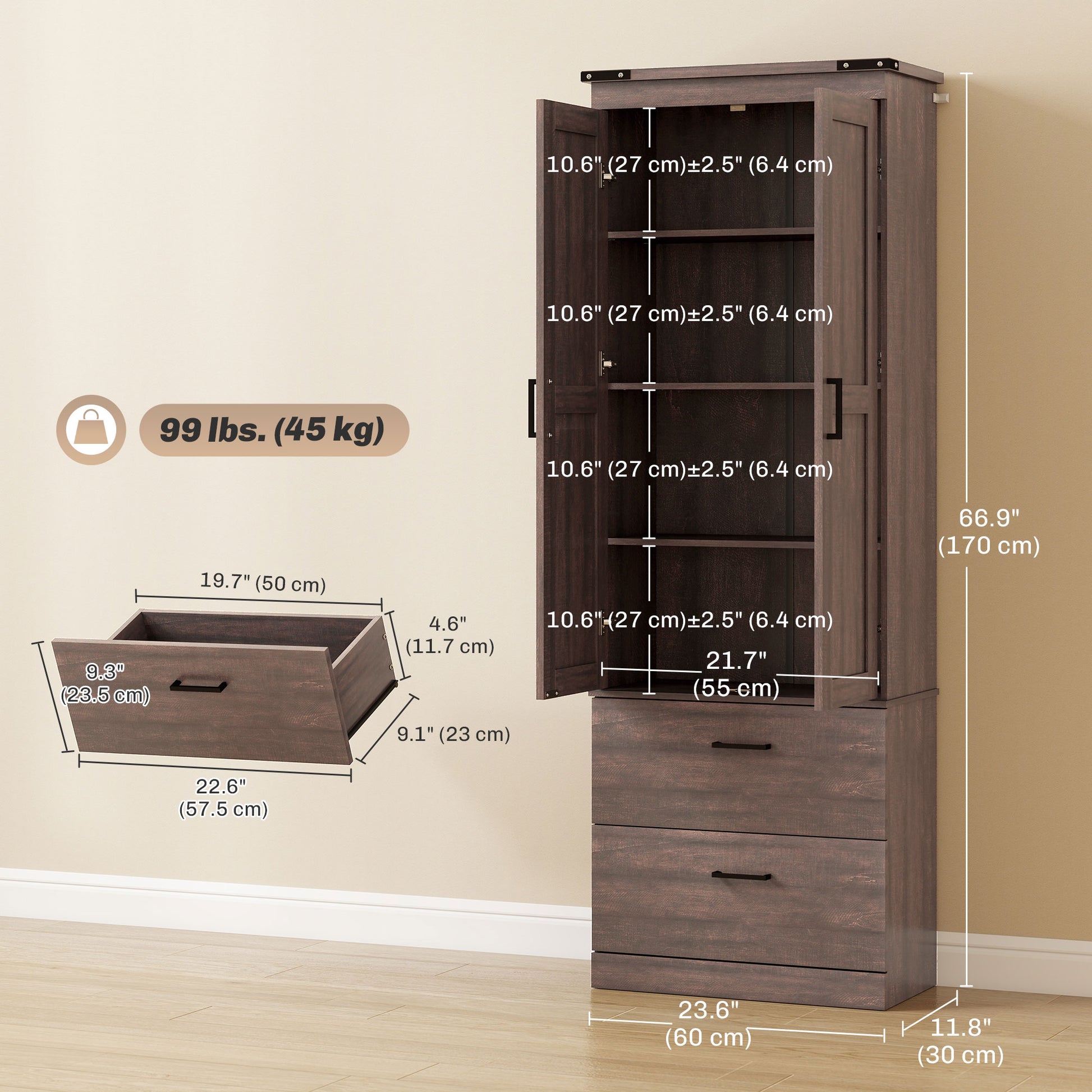 67" Kitchen Pantry Cabinet - Tall Storage with 4 Tiers, Drawers & Shelves Brown-DECOROLALA