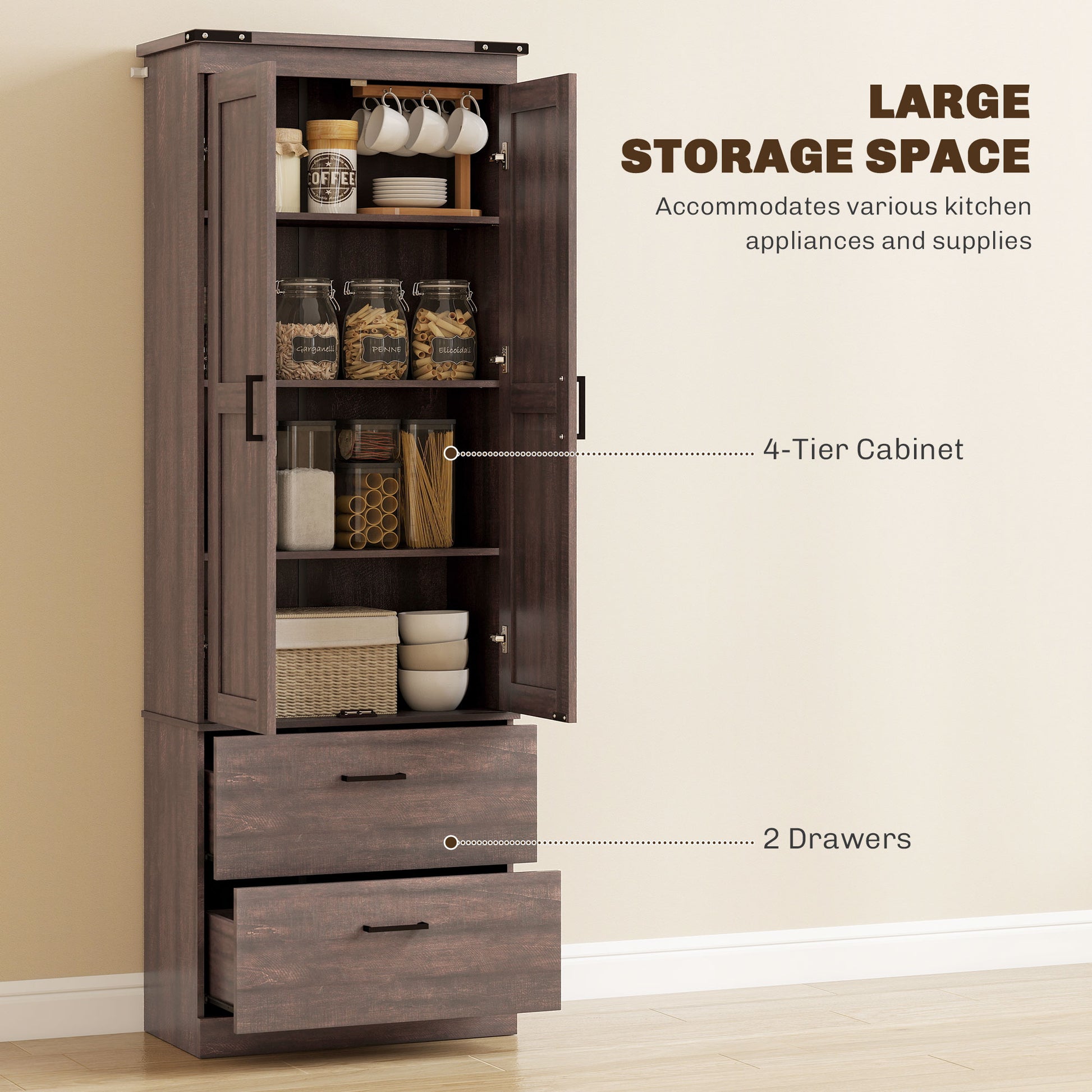 67" Kitchen Pantry Cabinet - Tall Storage with 4 Tiers, Drawers & Shelves Brown-DECOROLALA