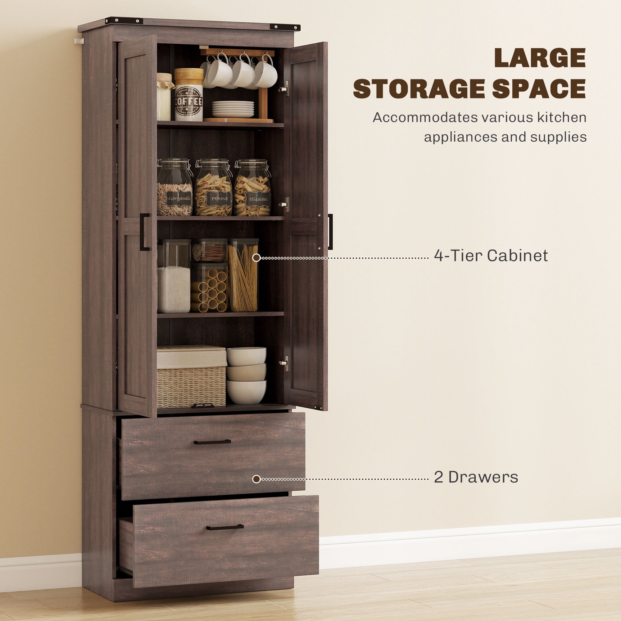 67" Kitchen Pantry Cabinet - Tall Storage with 4 Tiers, Drawers & Shelves Brown-DECOROLALA
