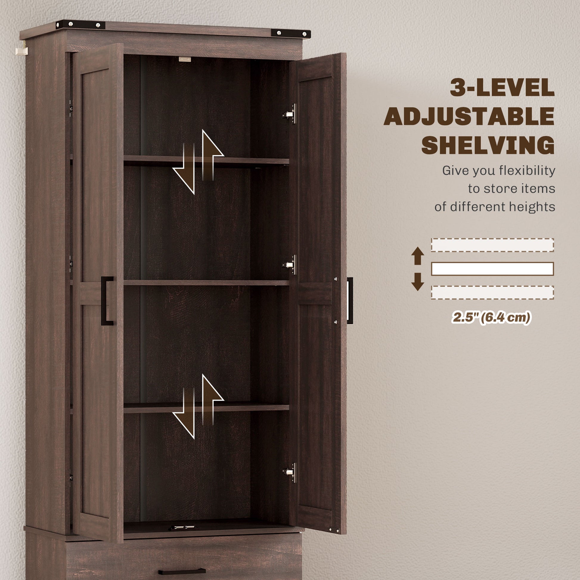 67" Kitchen Pantry Cabinet - Tall Storage with 4 Tiers, Drawers & Shelves Brown-DECOROLALA