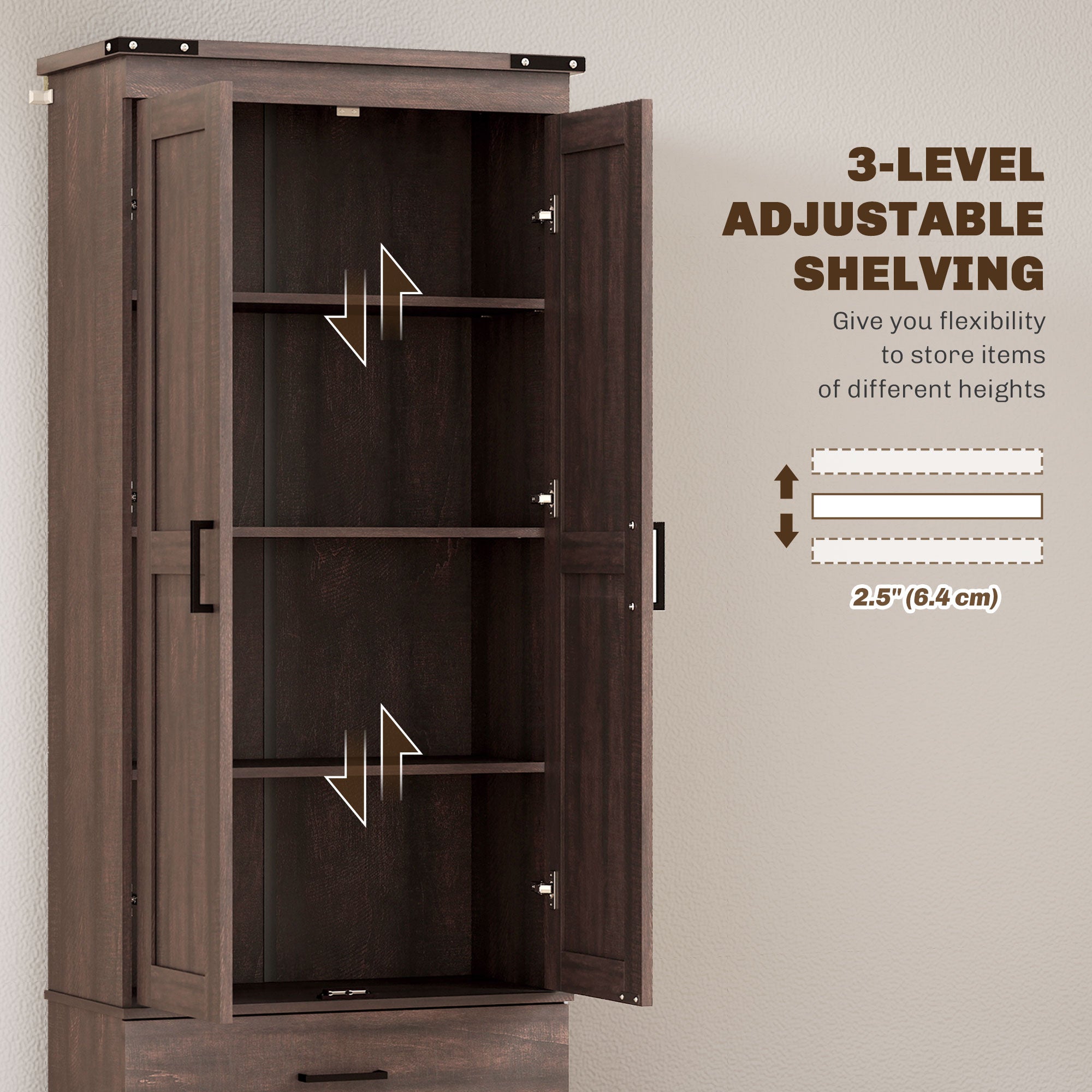 67" Kitchen Pantry Cabinet - Tall Storage with 4 Tiers, Drawers & Shelves Brown-DECOROLALA