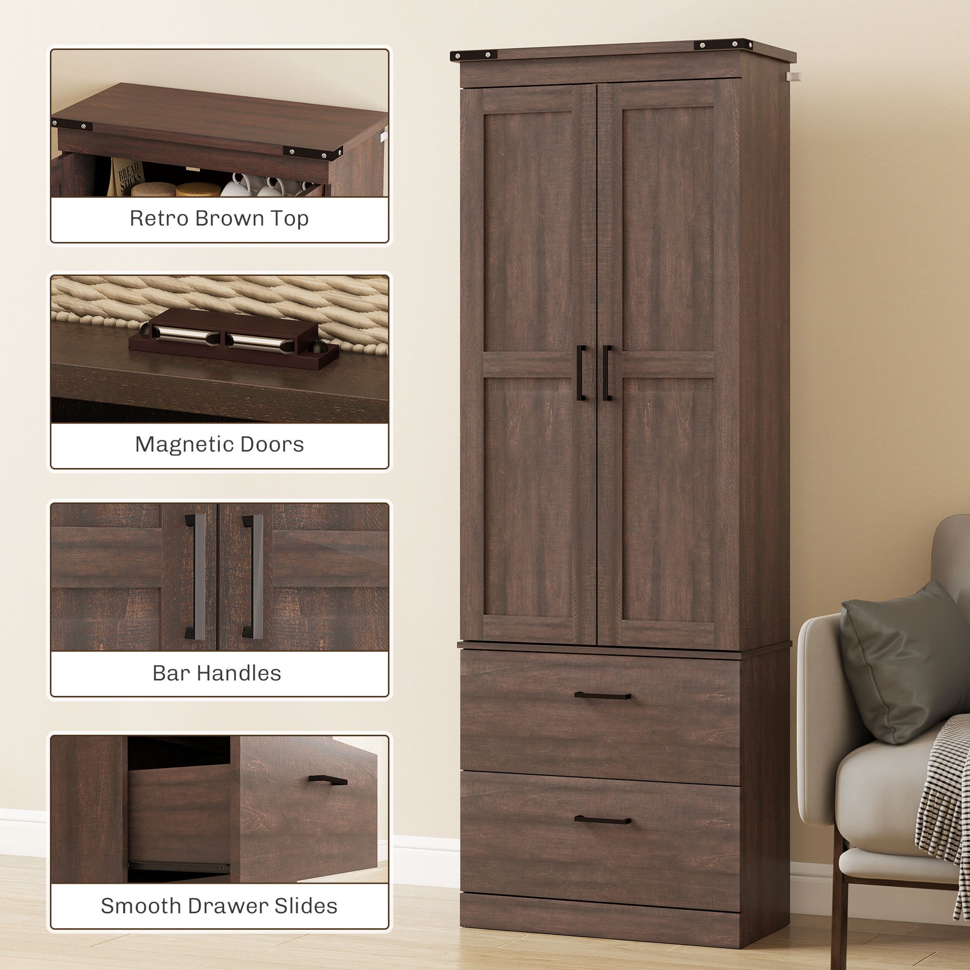 67" Kitchen Pantry Cabinet - Tall Storage with 4 Tiers, Drawers & Shelves Brown-DECOROLALA