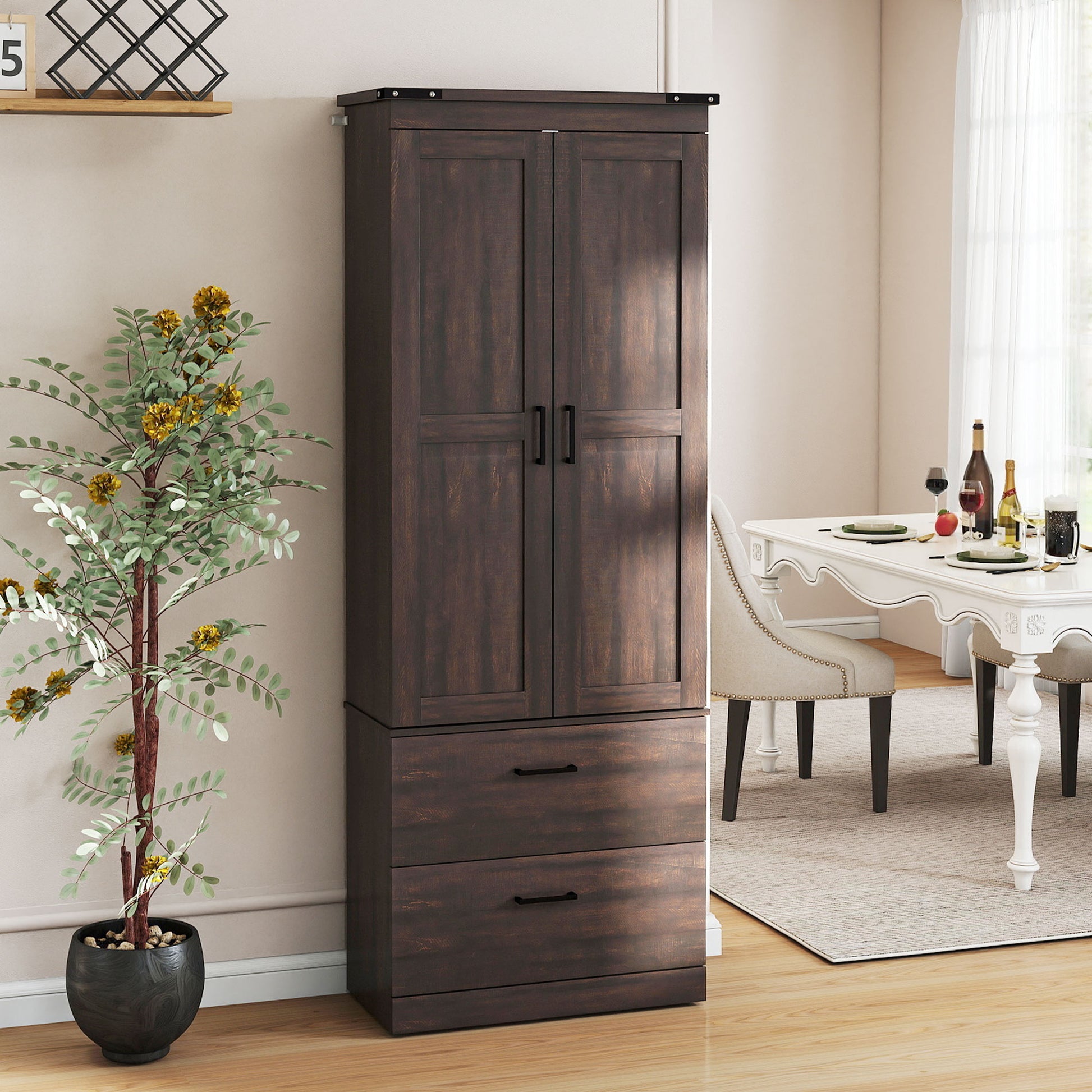 67" Kitchen Pantry Cabinet - Tall Storage with 4 Tiers, Drawers & Shelves Brown-DECOROLALA