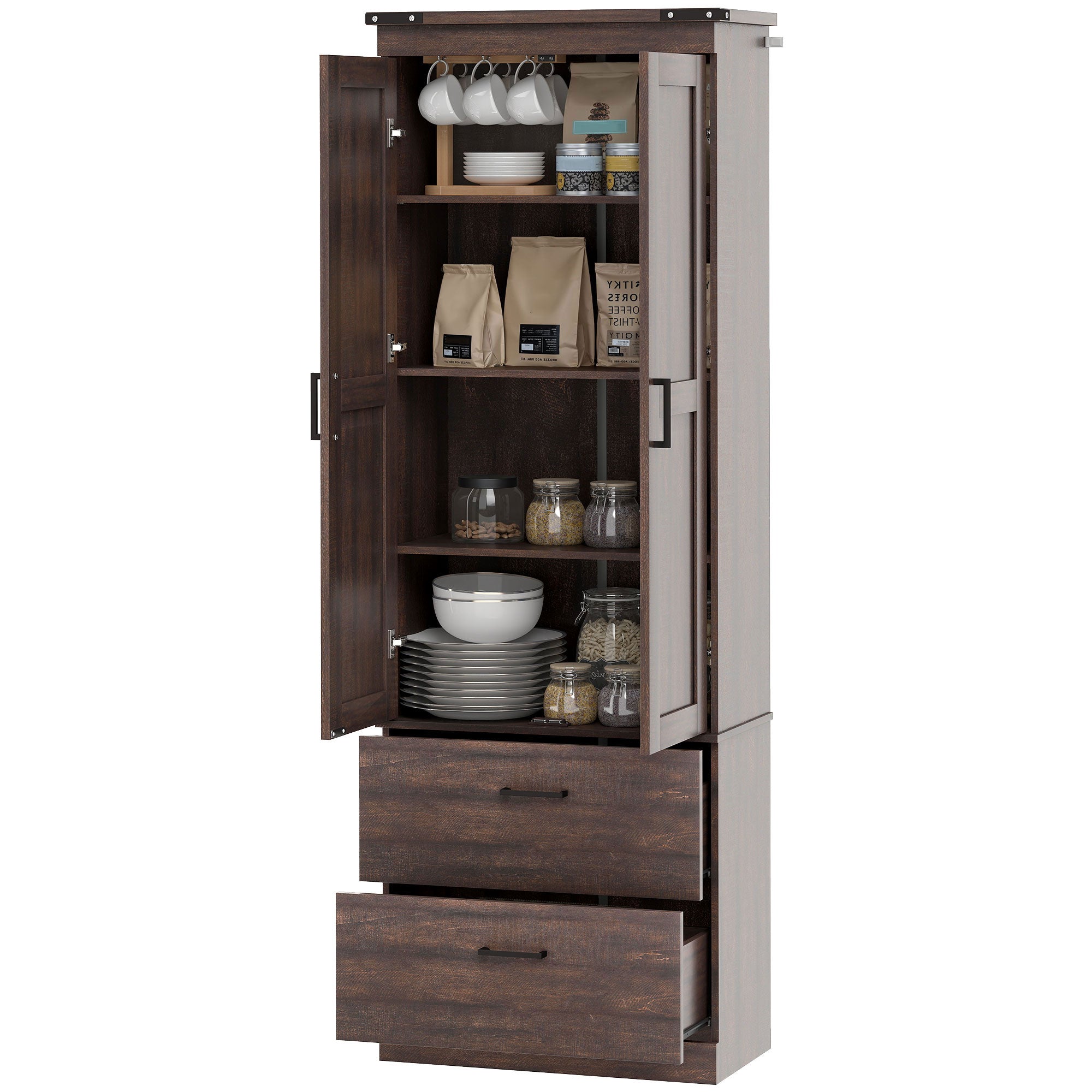 67" Kitchen Pantry Cabinet - Tall Storage with 4 Tiers, Drawers & Shelves Brown-DECOROLALA