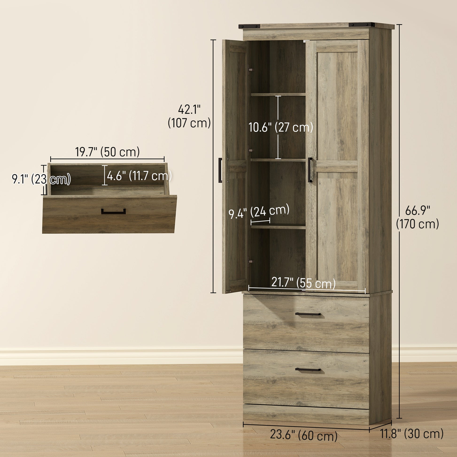 67" Kitchen Pantry Cabinet with Doors, Drawers, Shelves - Light Ivory-DECOROLALA